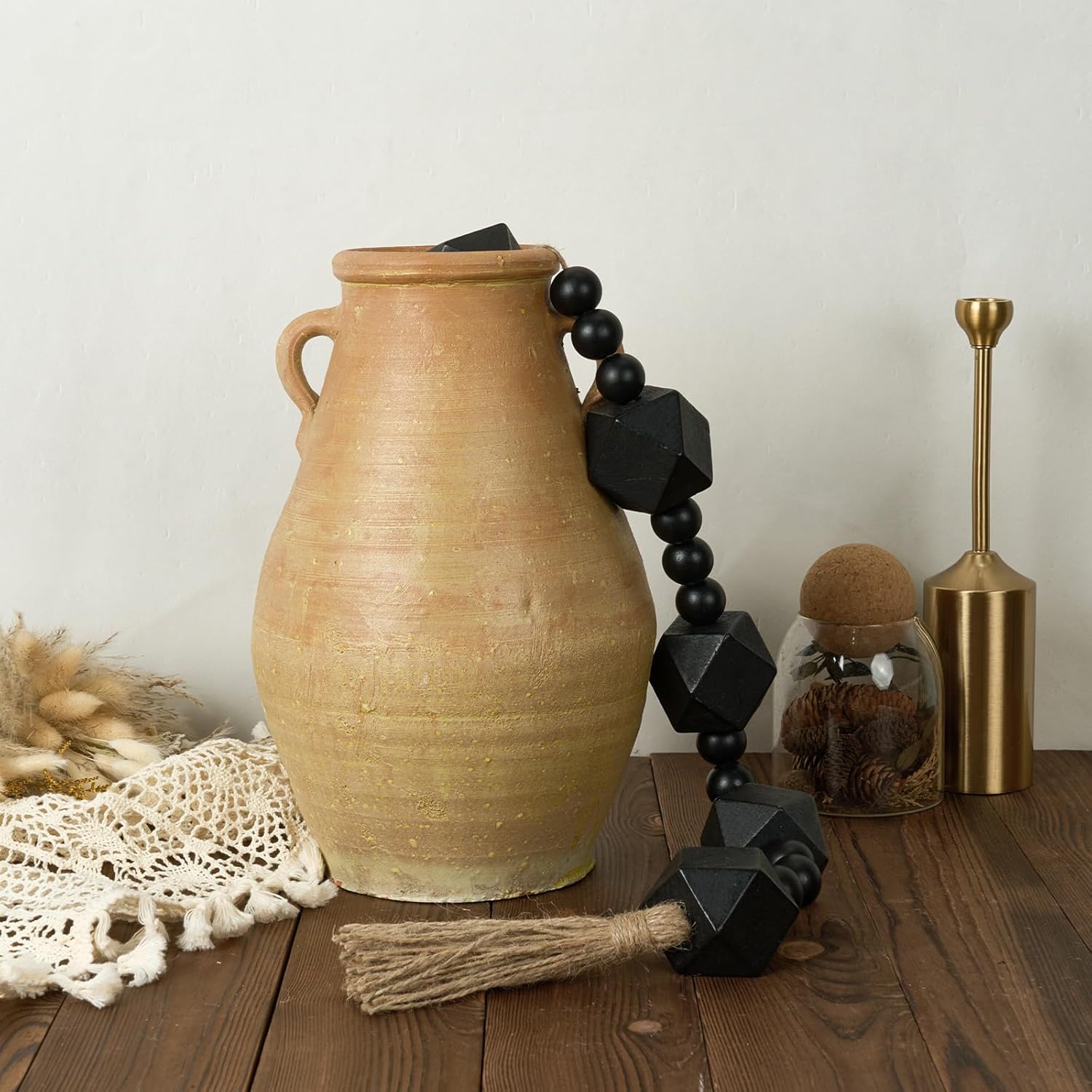 2&#34; Octagonal Extra Large Wood Bead Garland with Tassels, 28&#34; Long Rustic Farmhouse Wooden Beads Garland, Decorative Beads Boho Decorations for Home Table Mantle Black