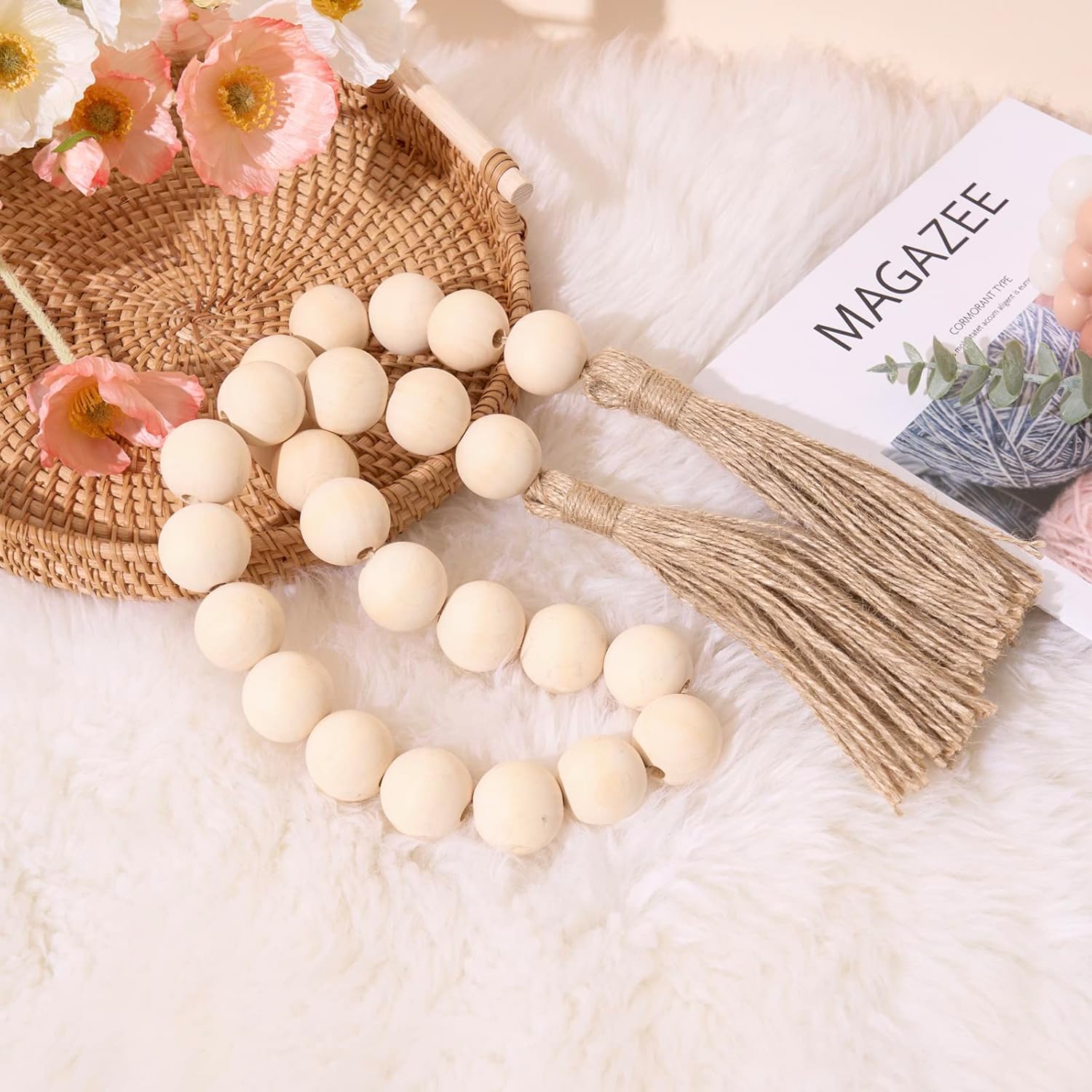 OMISHE 40&#34; Long Large Wood Bead Garland with 1.2&#34; Diameter Wooden Beads and Tassels, Rustic Farmhouse Country Wood Beads Garland for Home Tiered Tray Decor, Decorative Beads with Tassels Beige