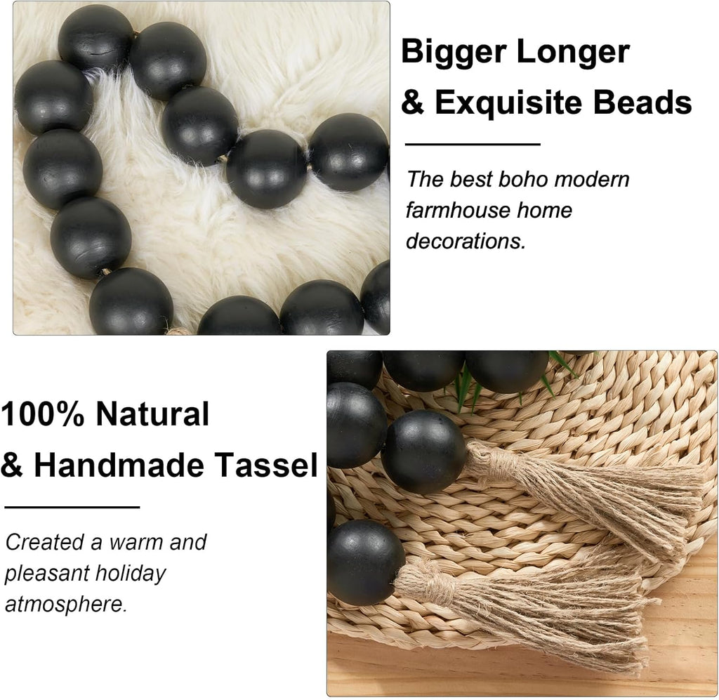OMISHE Extra Large Wood Bead Garland with 2&#34; Diameter Wooden Beads, 41&#34; Long Rustic Farmhouse Wooden Beads Garland with Tassels, Decorative Beads Boho Decorations for Home Table Mantle Black
