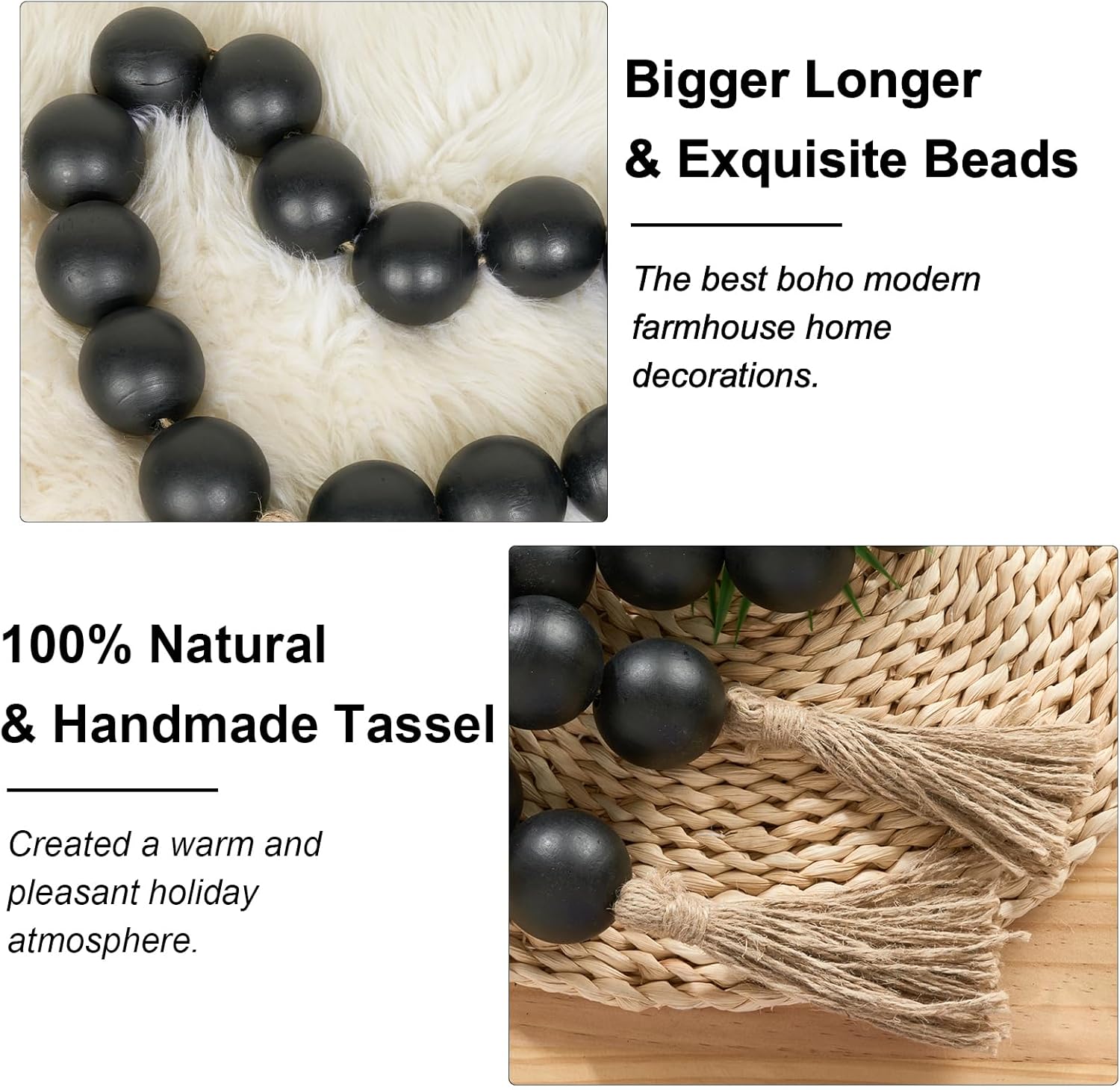 OMISHE Extra Large Wood Bead Garland with 2&#34; Diameter Wooden Beads, 41&#34; Long Rustic Farmhouse Wooden Beads Garland with Tassels, Decorative Beads Boho Decorations for Home Table Mantle Black