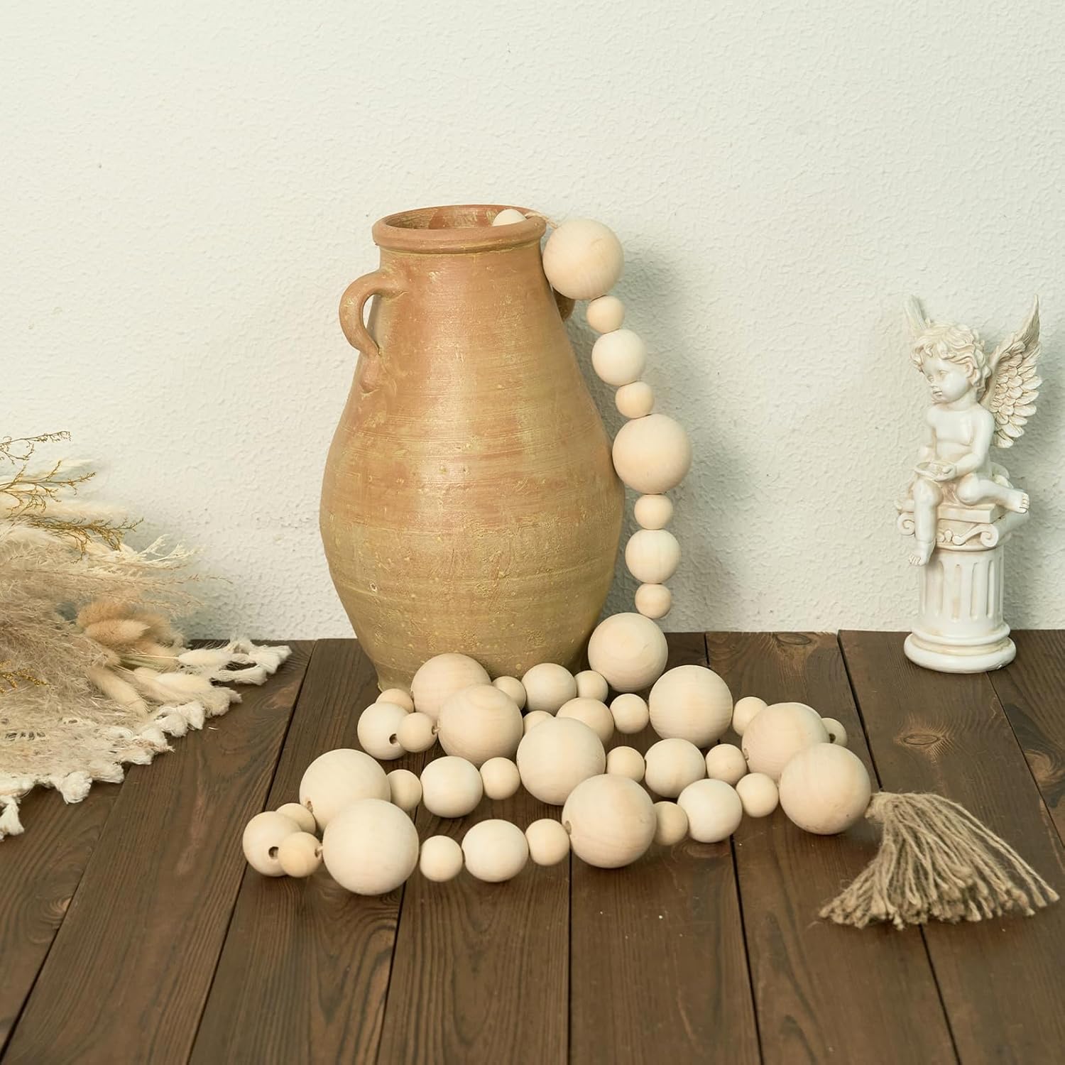 2&#34; Extra Large Wood Bead Garland with Tassels, 75&#34; Long Rustic Farmhouse Wooden Beads Garland, Decorative Beads Boho Decorations for Home Table Mantle Natural Beige