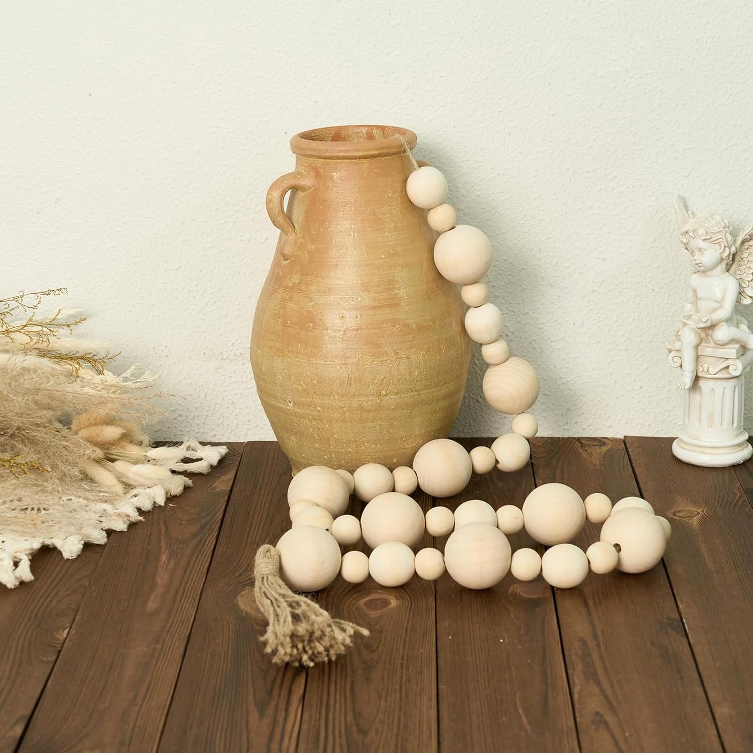 2&#34; Extra Large Wood Bead Garland with Tassels, 60&#34; Long Rustic Farmhouse Wooden Beads Garland, Decorative Beads Boho Decorations for Home Table Mantle Natural Beige