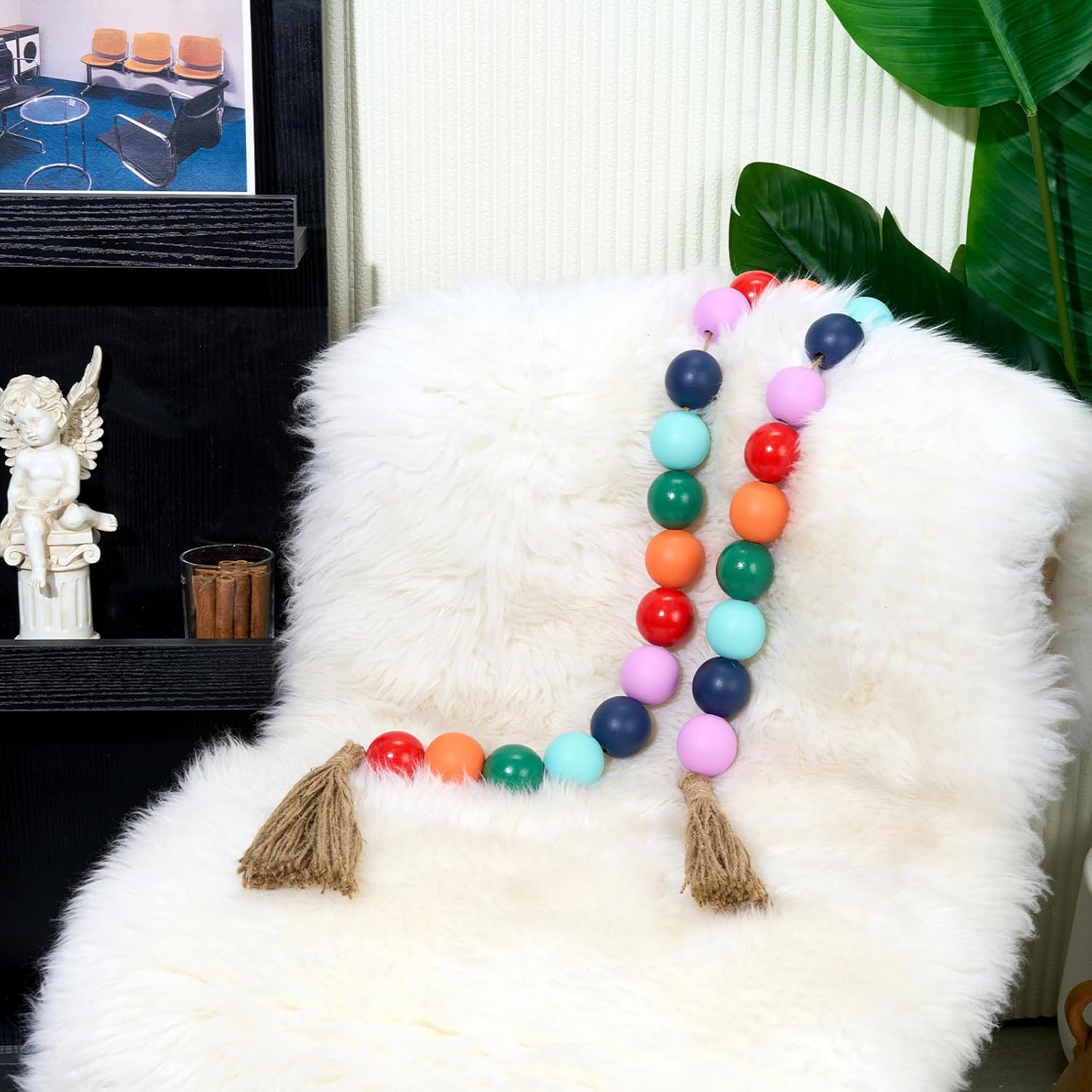 OMISHE 50&#34; Long Extra Large Wood Bead Garland with 1.6&#34; Diameter Wooden Beads and Tassels, Rustic Farmhouse Country Decorative Beads for Home Tiered Tray Decor, Colorful