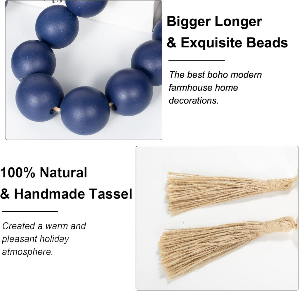 OMISHE 76&#34; Long Extra Large Wood Bead Garland Navy Blue with 1.6&#34; Diameter Wooden Beads and Tassels, Rustic Farmhouse Country Decorative Beads for Home Decor Tiered Tray Decor, Navy Blue