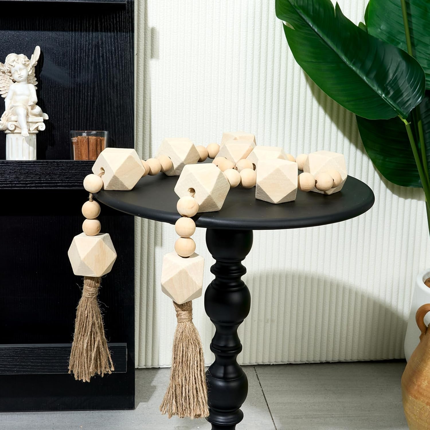 2&#34; Octagonal Extra Large Wood Bead Garland with Tassels, 55&#34; Long Rustic Farmhouse Wooden Beads Garland, Decorative Beads Boho Decorations for Home Table Mantle Natural Beige