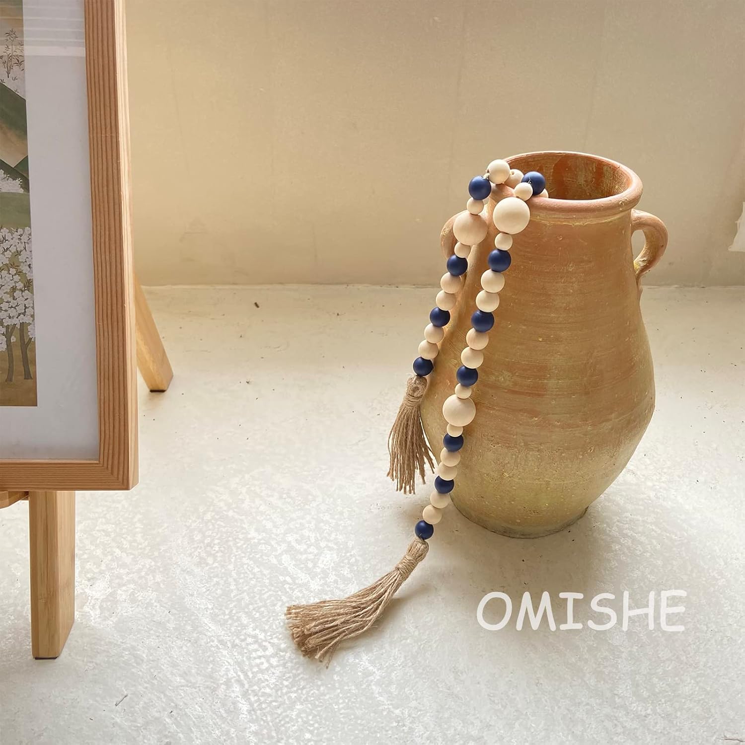 OMISHE Wood Bead Garland with Tassels 61 Inches, Decorative Beads Decor, Boho Farmhouse Wooden Beads Garland for Home Tiered Tray Decor, Navy Blue