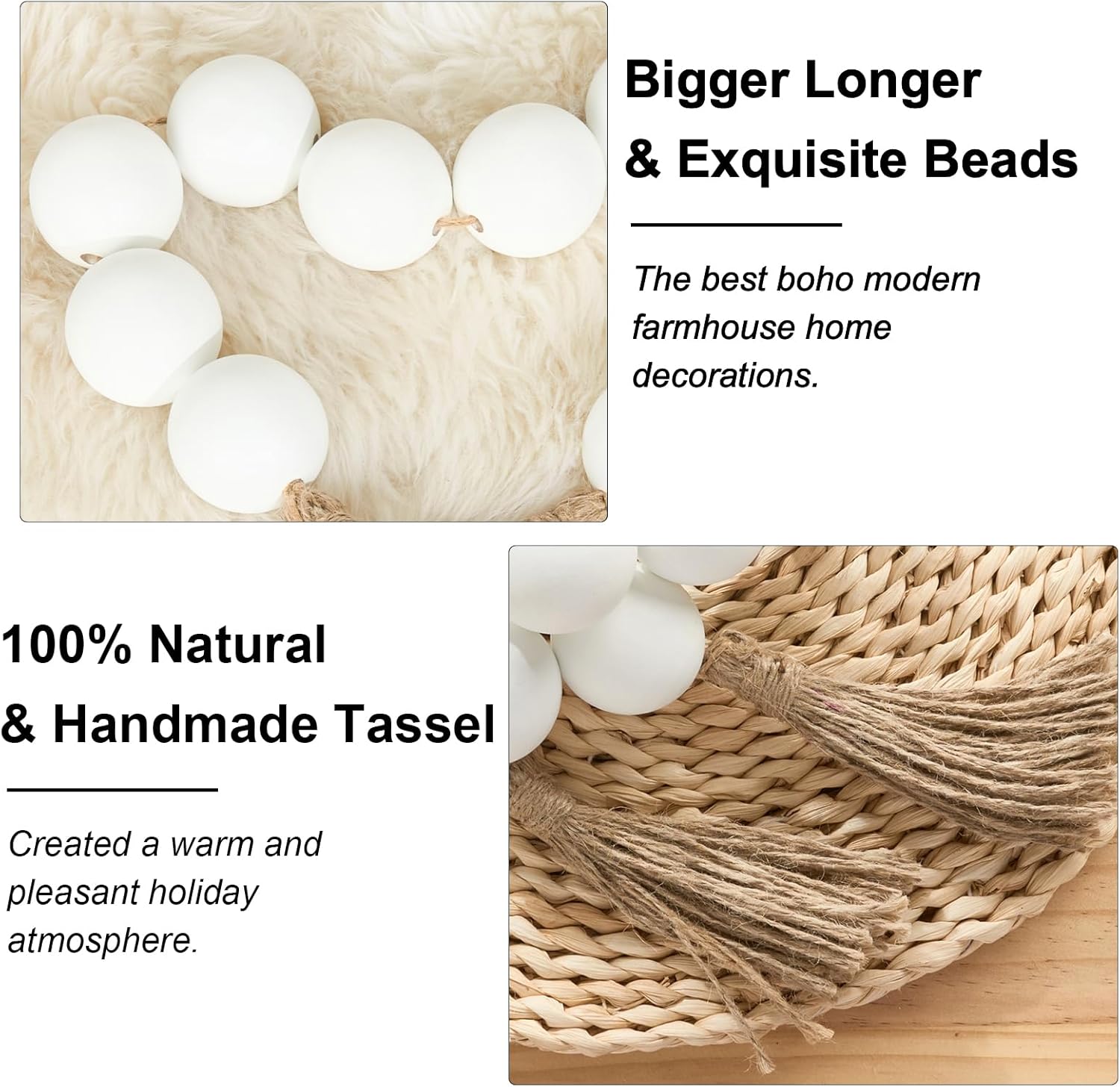 OMISHE Extra Large Wood Bead Garland with 2&#34; Diameter Wooden Beads, 33&#34; Long Rustic Farmhouse Wooden Decorative Beads Boho Decorations for Home Table Mantle, White