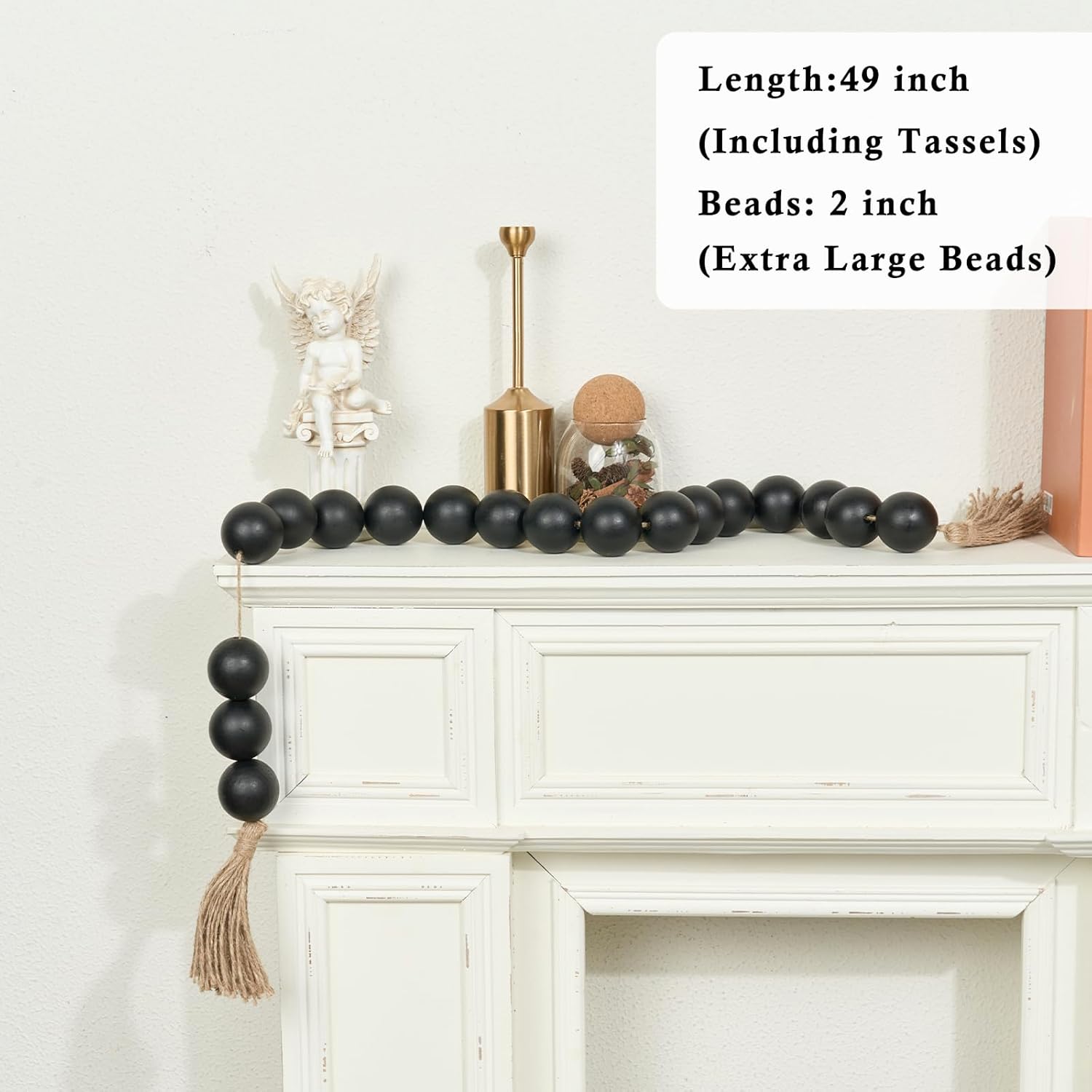 OMISHE Extra Large Wood Bead Garland with 2&#34; Diameter Wooden Beads, 49&#34; Long Rustic Farmhouse Wooden Beads Garland with Tassels, Decorative Beads Boho Decorations for Home Table Mantle Black
