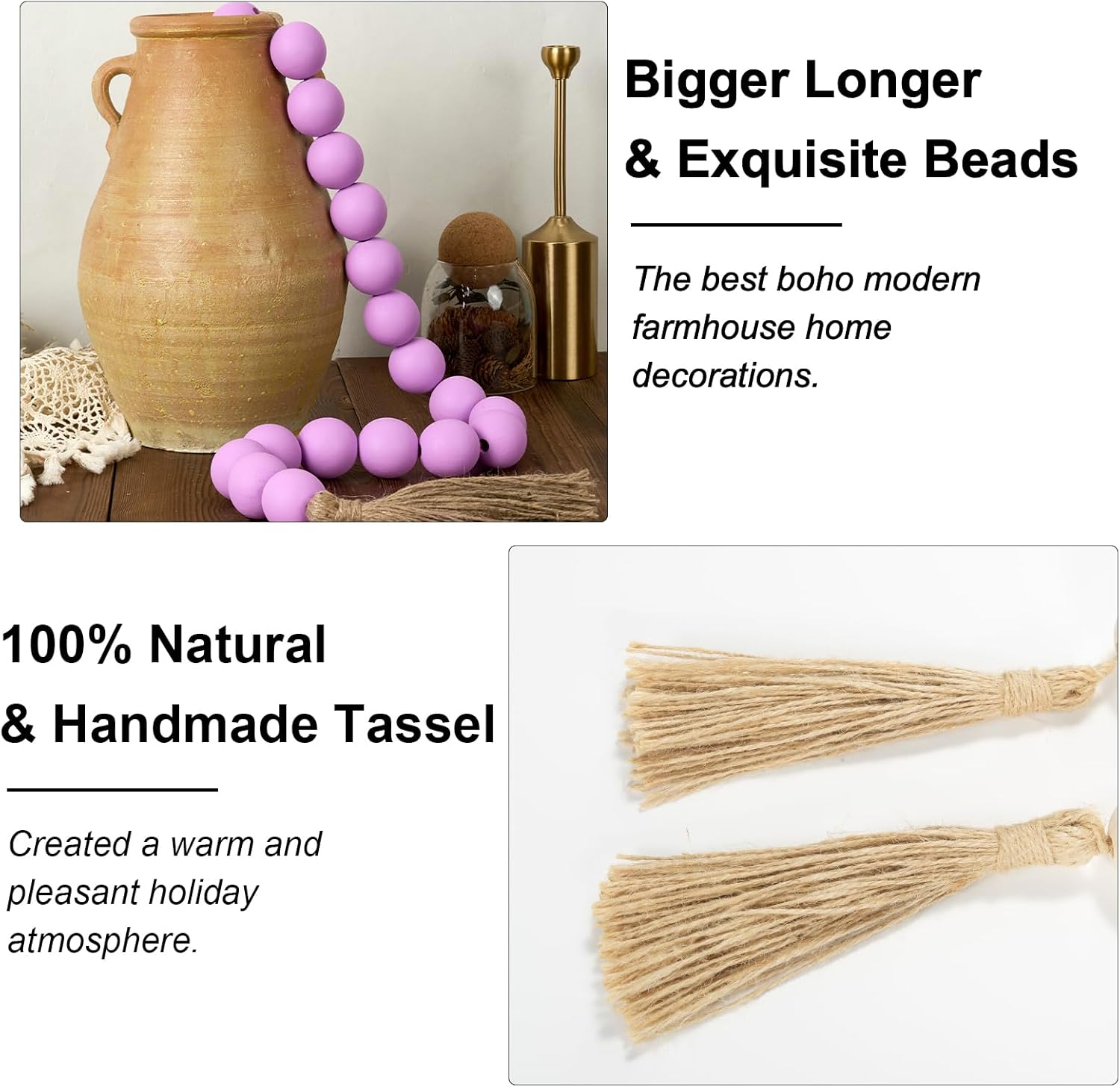 OMISHE Extra Large Wood Bead Garland Purple with 1.6&#34; Diameter Wooden Beads and Tassels, 41&#34; Long Rustic Farmhouse Country Decorative Beads for Home Tiered Tray Decor, Purple