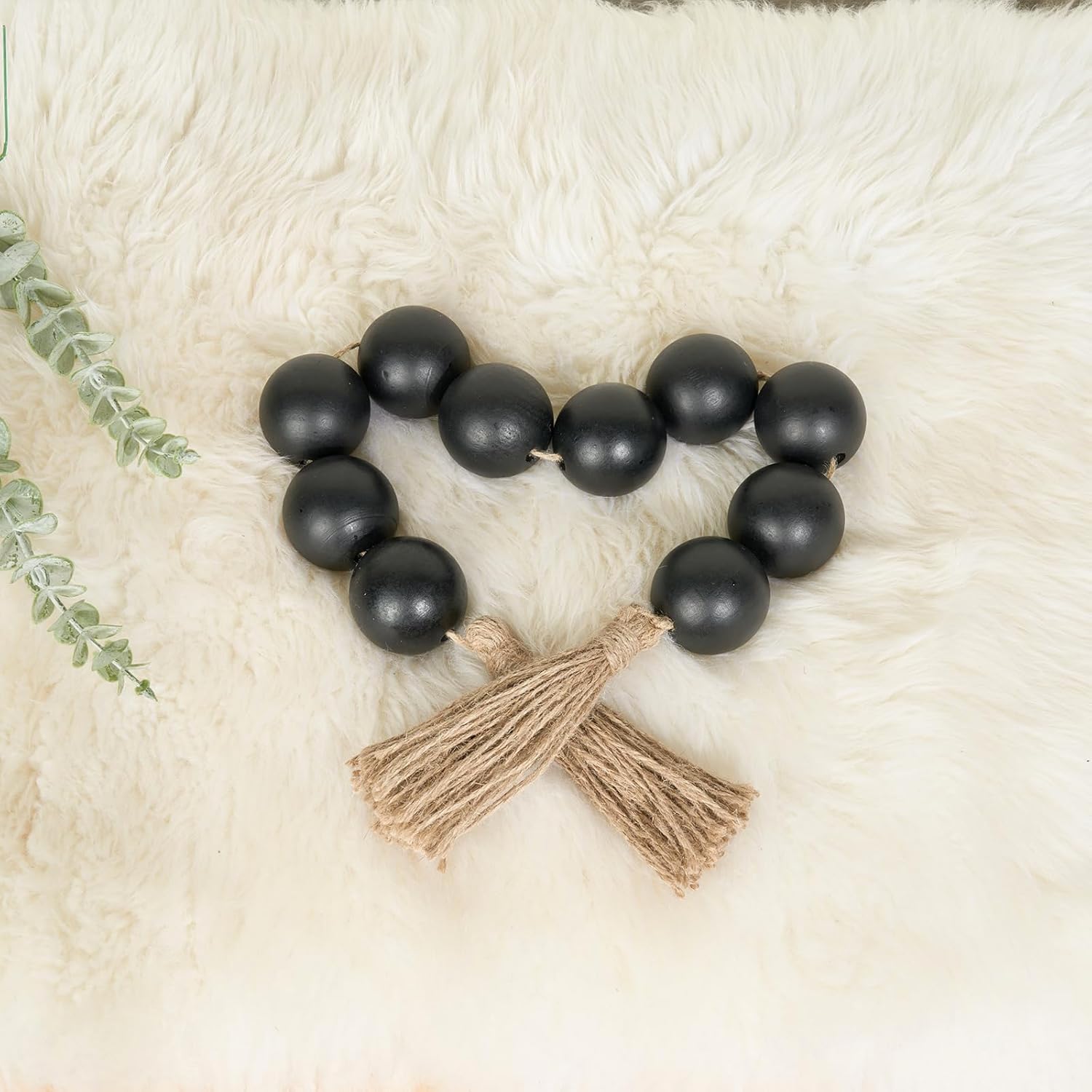 OMISHE Extra Large Wood Bead Garland with 2&#34; Diameter Wooden Beads, 33&#34; Long Rustic Farmhouse Wooden Beads Garland with Tassels, Decorative Beads Boho Decorations for Home Table Mantle Black