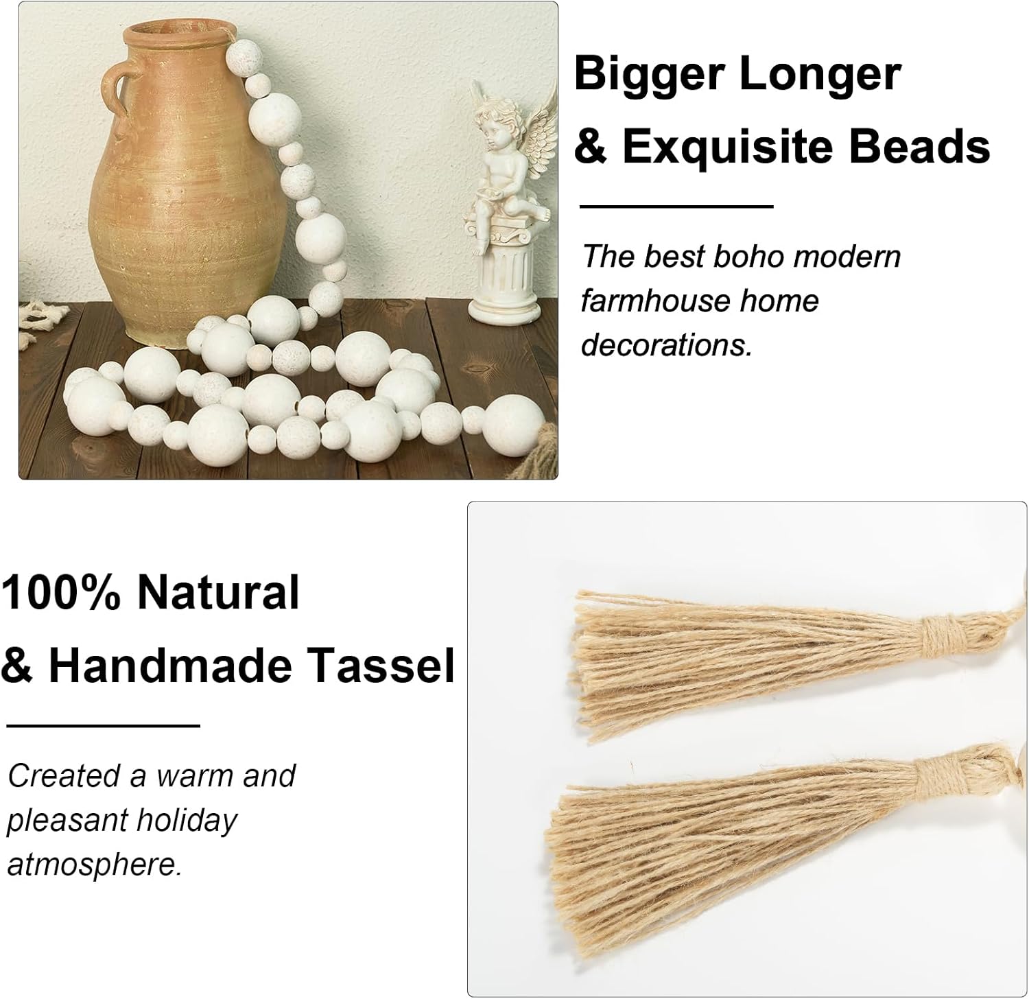 2&#34; Extra Large Wood Bead Garland with Tassels, 75&#34; Long Rustic Farmhouse Wooden Beads Garland, Decorative Beads Boho Decorations for Home Table Mantle White