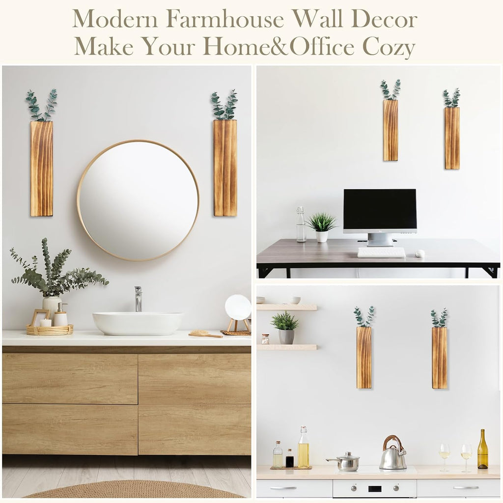 2 Pack Wood Wall Planters with 4 Pcs Artificial Eucalyptus, Plant Wall Decor for Living Room, Bedroom, Bathroom, Office, Wall Hanging Decor Wall Vase with Faux Plants, Brown