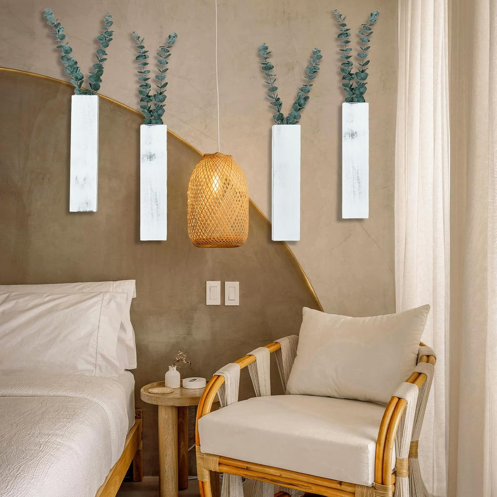 4 Pack Wood Wall Planters with 8 Pcs Artificial Eucalyptus, Plant Wall Decor for Living Room, Bedroom, Bathroom, Office, Wall Hanging Decor Wall Vase with Faux Plants, Rustic White