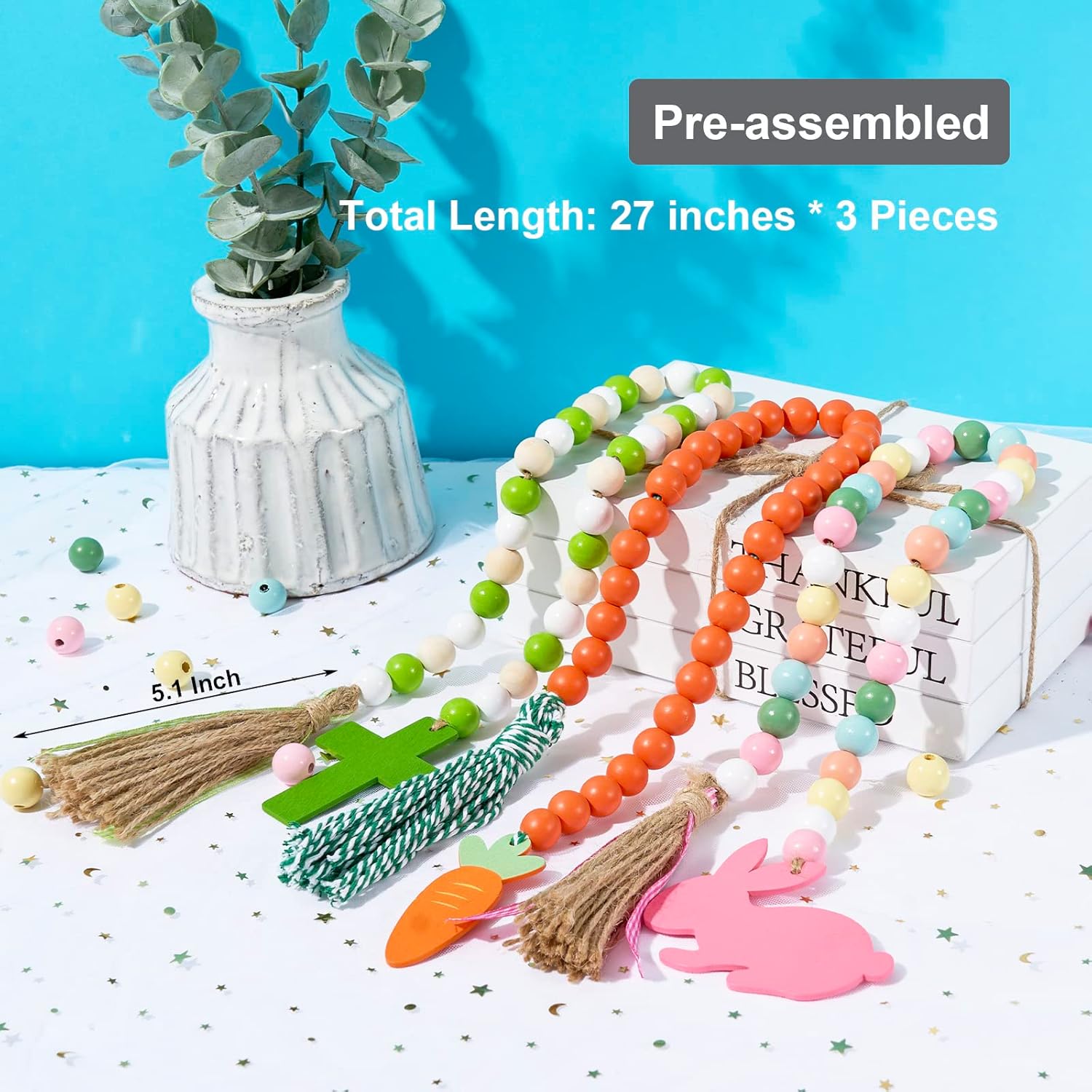 3 Pieces Easter Wood Bead Garlands with Tassels, Easter Decorations for Home, Rustic Farmhouse Country Bunny Rabbit Carrot Cross Tag Wooden Beads Garland for Tiered Tray Decor