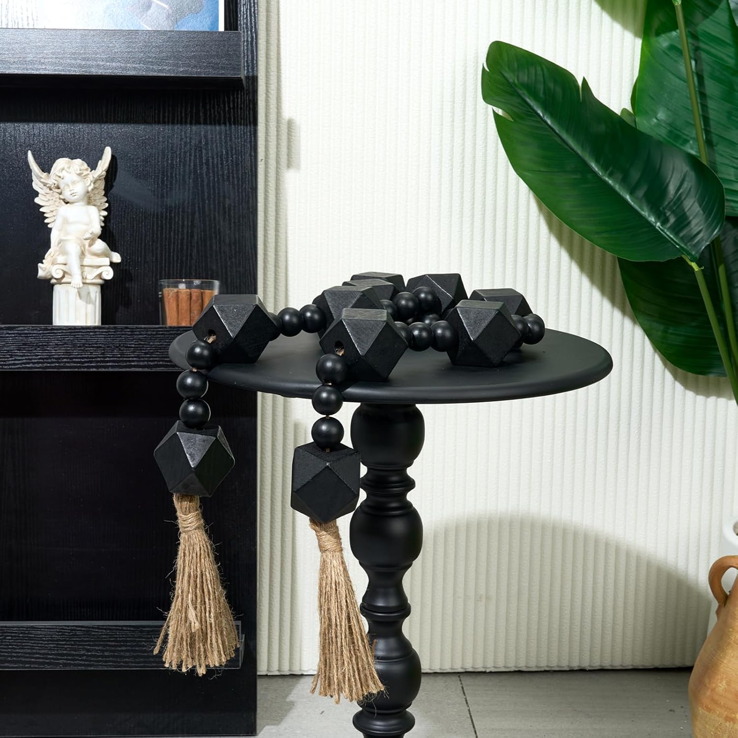 2&#34; Octagonal Extra Large Wood Bead Garland with Tassels, 55&#34; Long Rustic Farmhouse Wooden Beads Garland, Decorative Beads Boho Decorations for Home Table Mantle Black