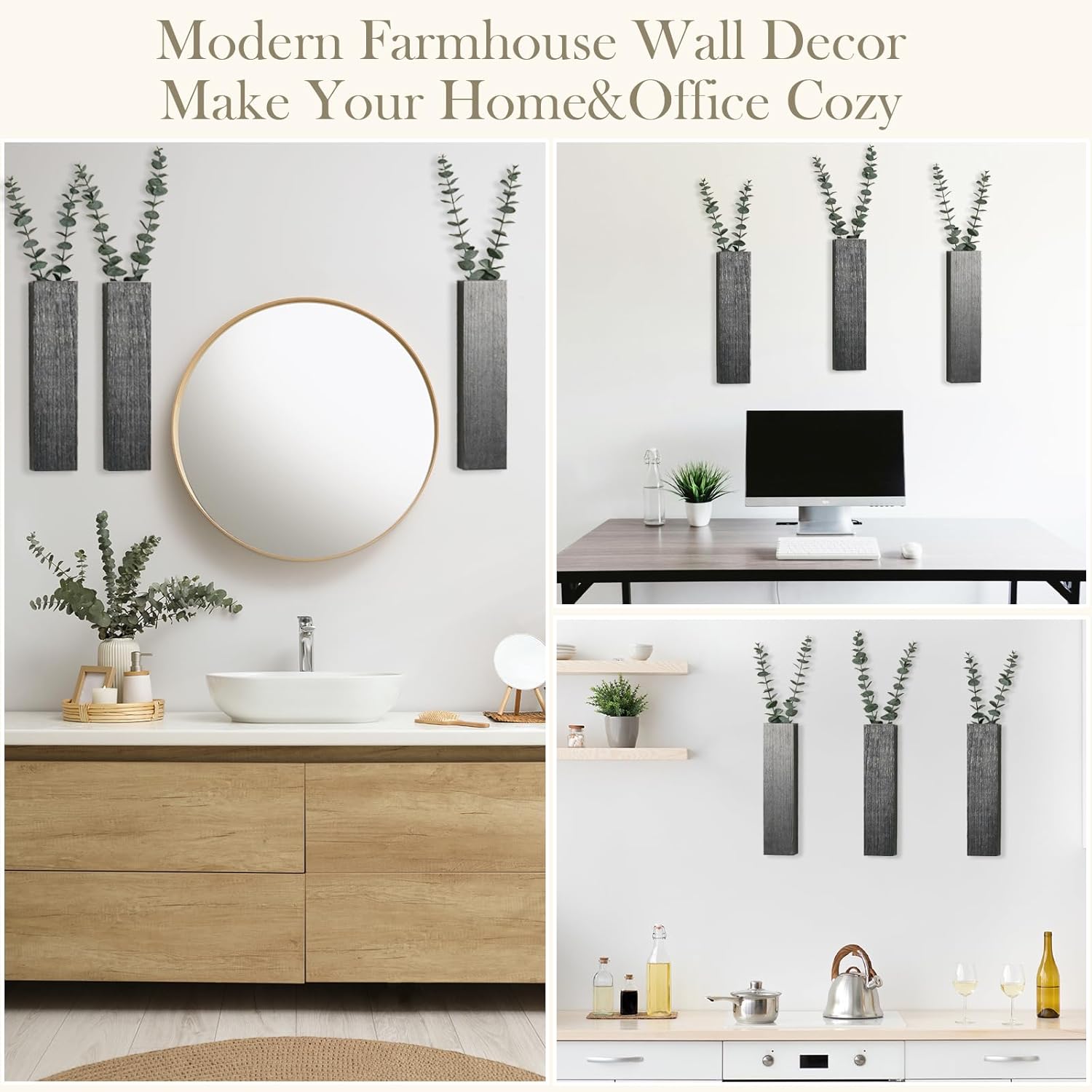 3 Packs Wood Wall Planters with Artificial Plant Eucalyptus, Plant Wall Decor for Living Room, Bedroom, Dining Room, Bathroom, Office, Wall Hanging Decor Wall Vase with Faux Plants, Black