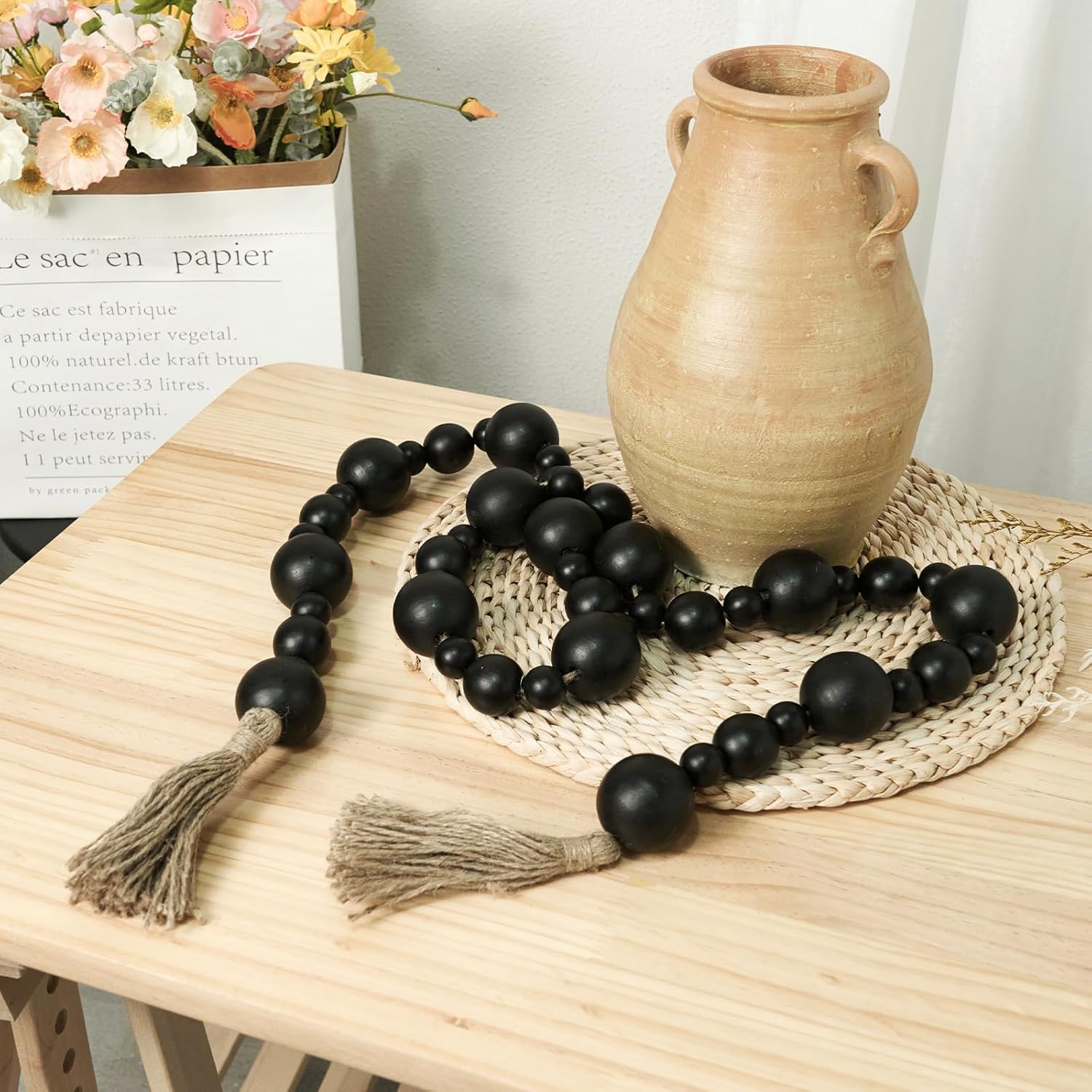 2&#34; Extra Large Wood Bead Garland with Tassels, 75&#34; Long Rustic Farmhouse Wooden Beads Garland, Decorative Beads Boho Decorations for Home Table Mantle Black