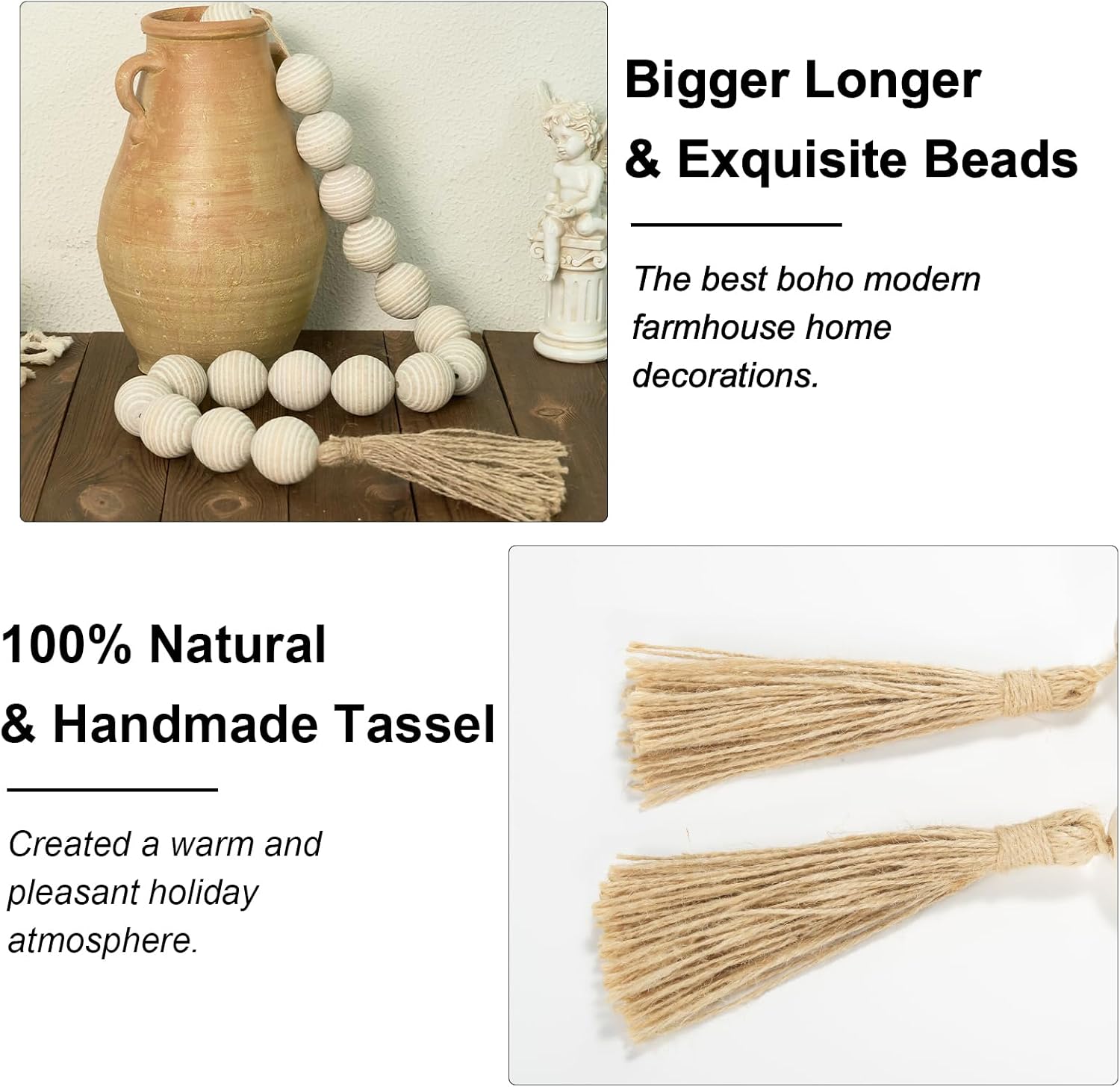 50&#34; Long Ribbed Extra Large Wood Bead Garland with 2&#34; Diameter Wooden Beads, Rustic Farmhouse Wooden Beads Garland with Tassels, Boho Decorative Beads for Home Table Mantle Rustic White