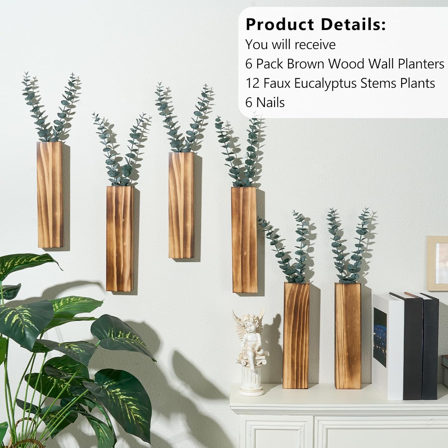 6 Pack Wood Wall Planters with 12 Pcs Artificial Eucalyptus, Plant Wall Decor for Living Room, Bedroom, Bathroom, Office, Wall Hanging Decor Wall Vase with Faux Plants, Brown