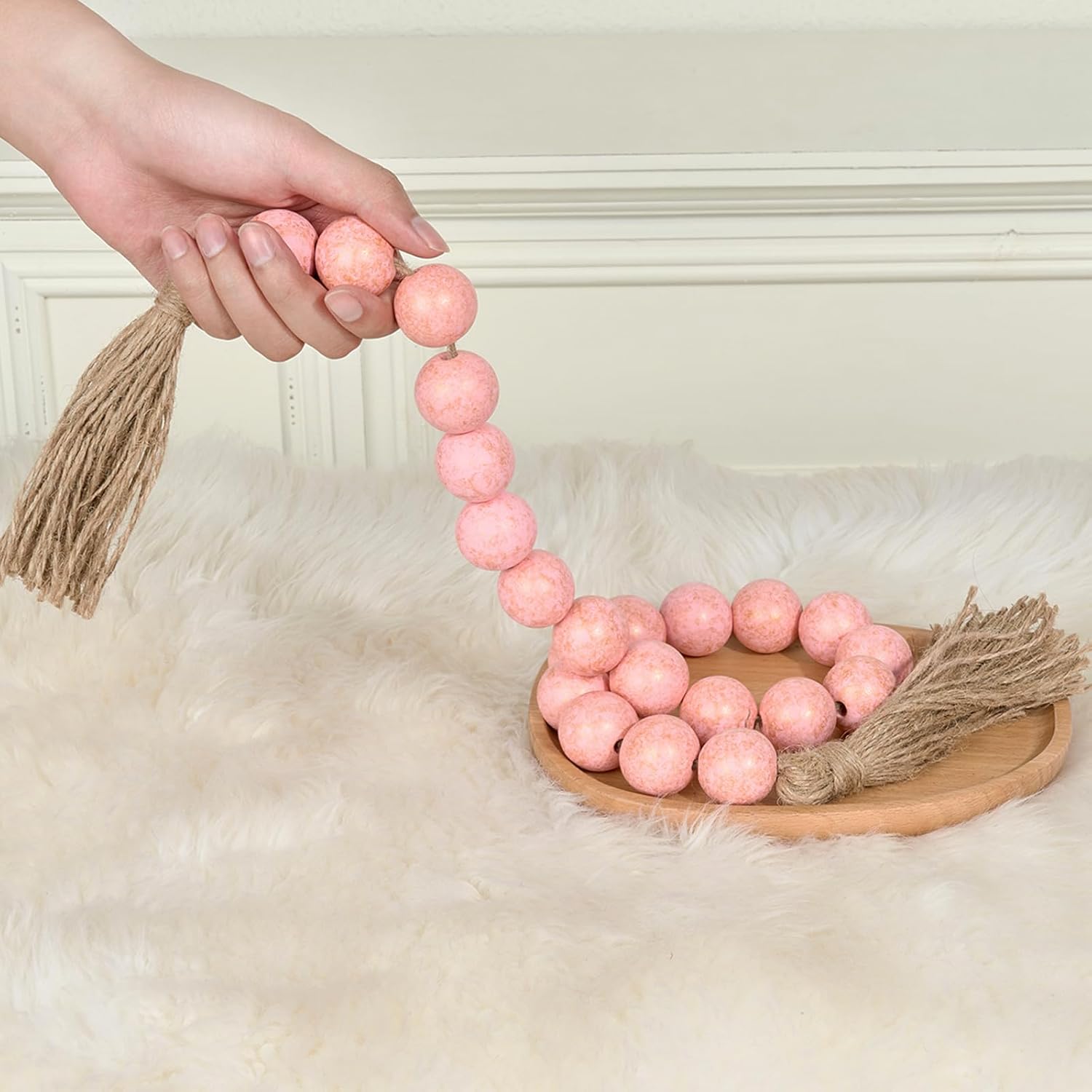 OMISHE 1.2&#34; Large Wood Bead Garland with Tassels, 35.5&#34; Long Boho Decorative Beads, Farmhouse Beads Garland for Home Tiered Tray Decor, Rustic Pink