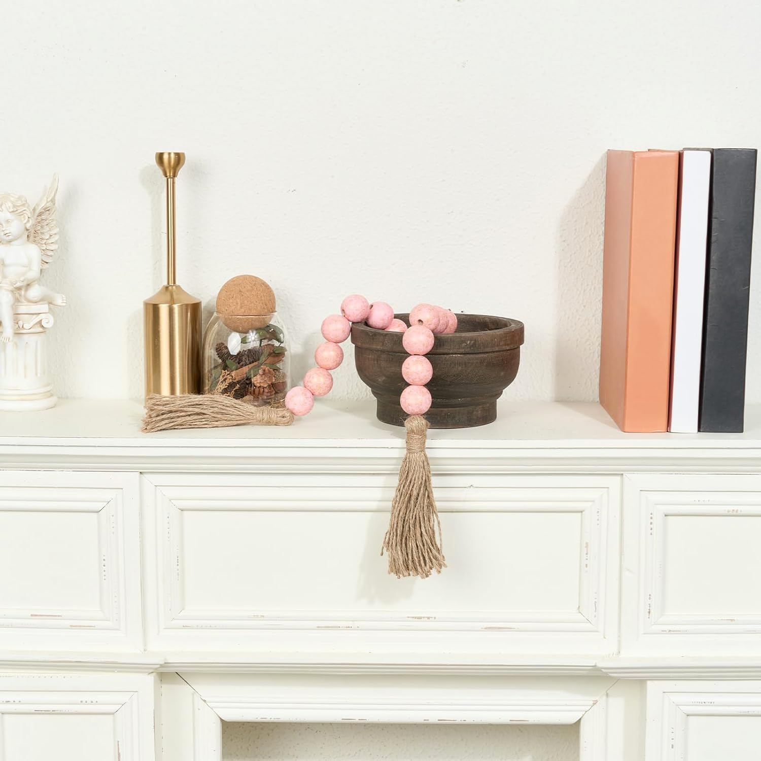 OMISHE 1.2&#34; Large Wood Bead Garland with Tassels, 35.5&#34; Long Boho Decorative Beads, Farmhouse Beads Garland for Home Tiered Tray Decor, Rustic Pink