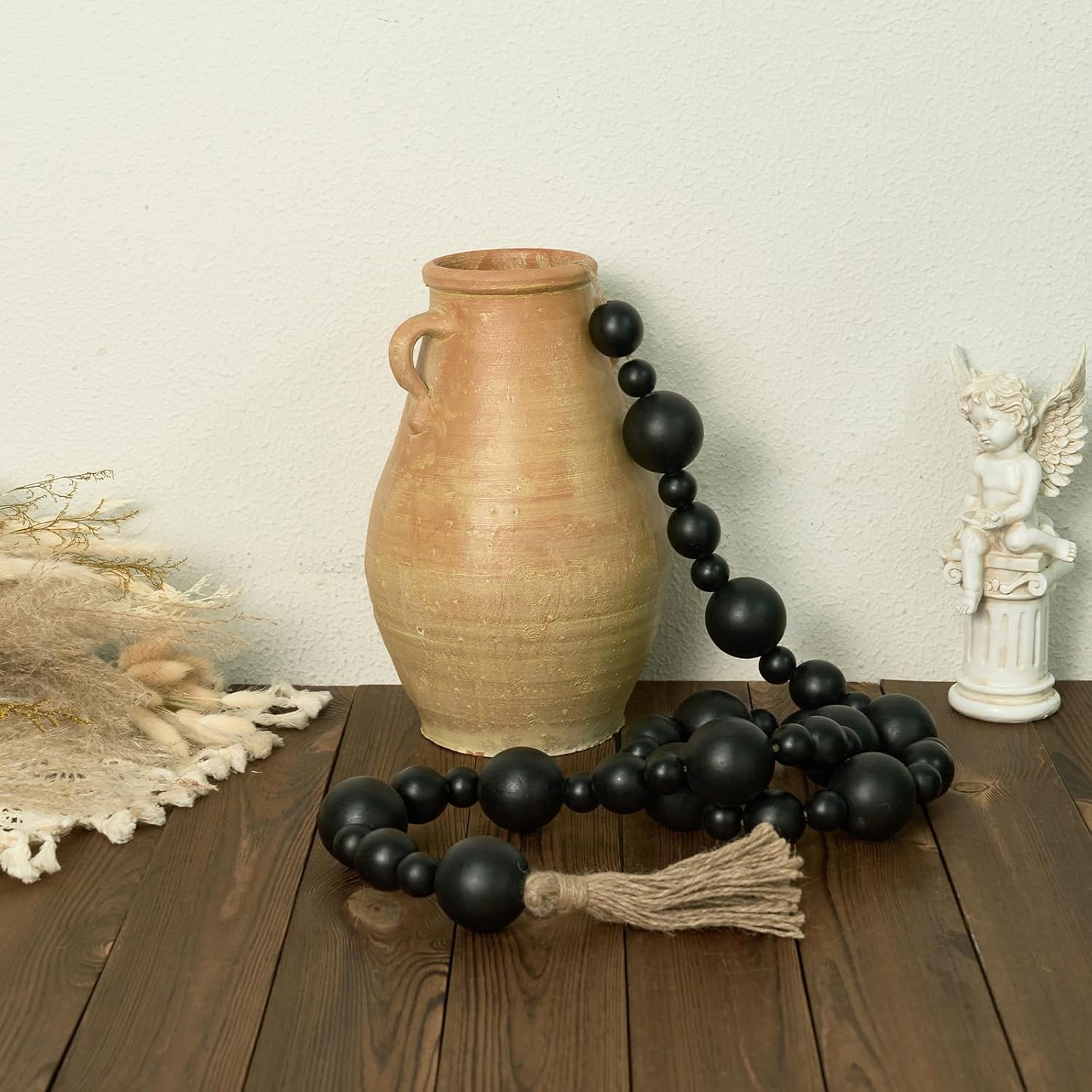 2&#34; Extra Large Wood Bead Garland with Tassels, 75&#34; Long Rustic Farmhouse Wooden Beads Garland, Decorative Beads Boho Decorations for Home Table Mantle Black