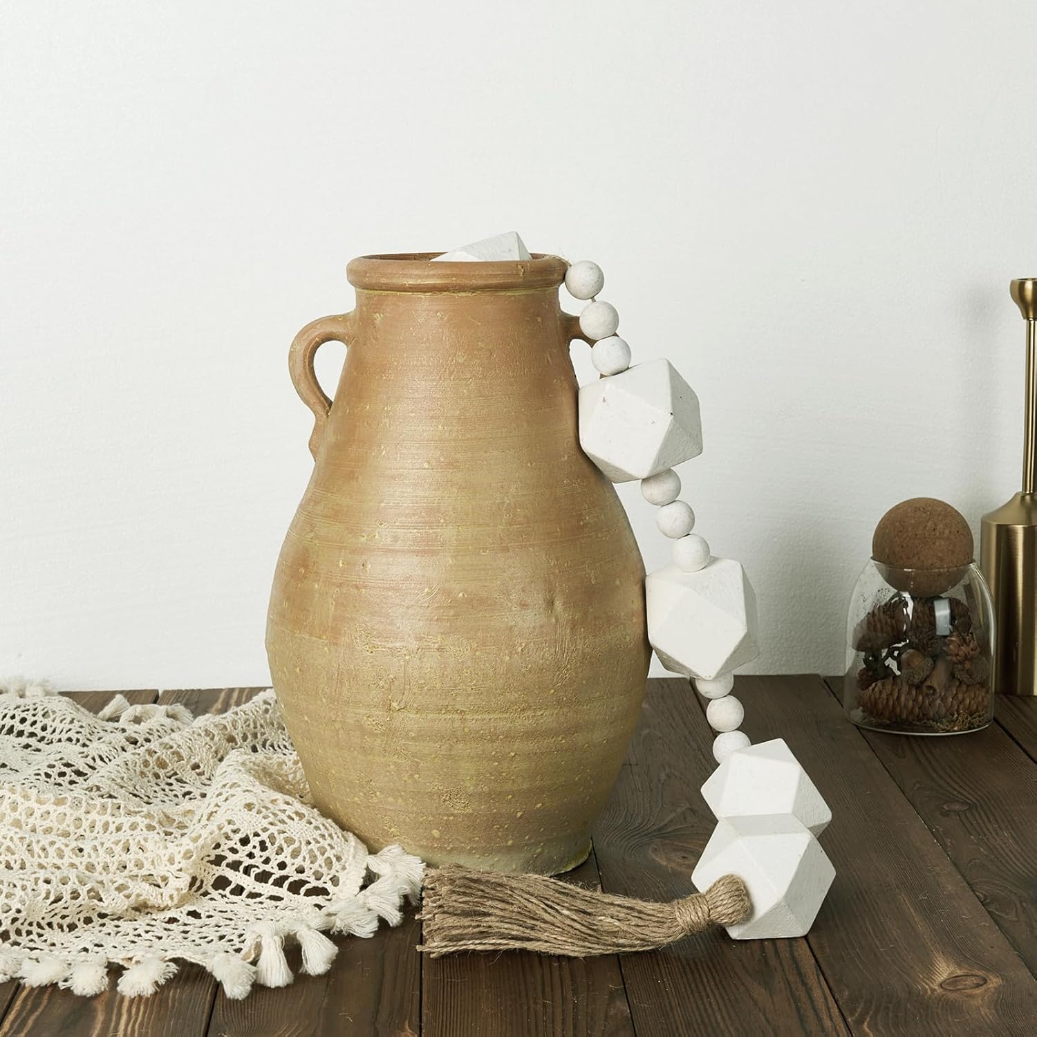 2&#34; Octagonal Extra Large Wood Bead Garland with Tassels, 28&#34; Long Rustic Farmhouse Wooden Beads Garland, Decorative Beads Boho Decorations for Home Table Mantle White