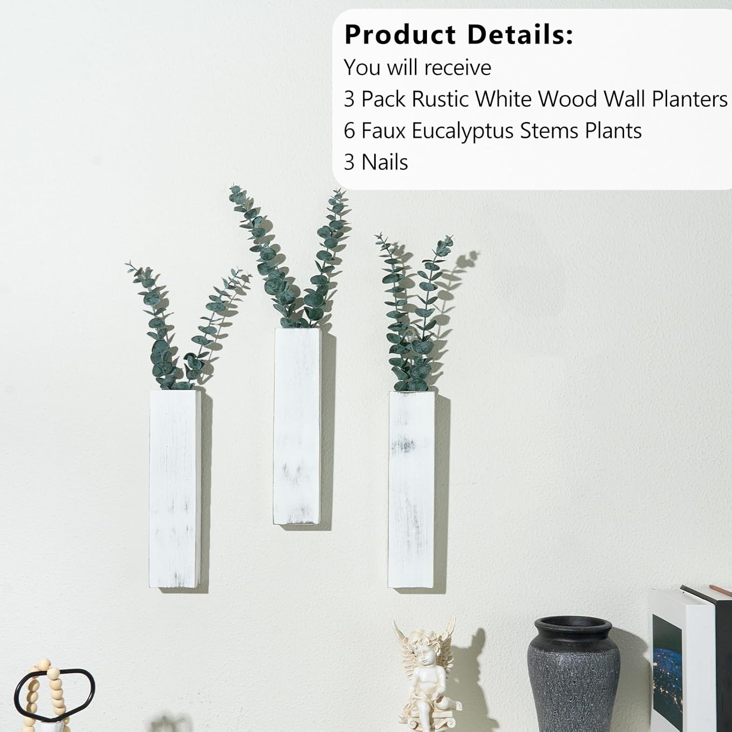 3 Pack Wood Wall Planters with 6 Pcs Artificial Eucalyptus, Plant Wall Decor for Living Room, Bedroom, Bathroom, Office, Wall Hanging Decor Wall Vase with Faux Plants, Rustic White