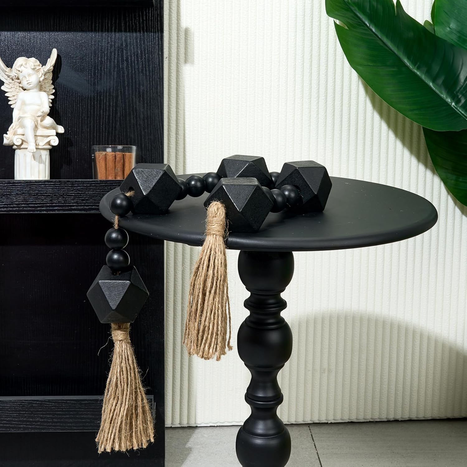 2&#34; Octagonal Extra Large Wood Bead Garland with Tassels, 28&#34; Long Rustic Farmhouse Wooden Beads Garland, Decorative Beads Boho Decorations for Home Table Mantle Black