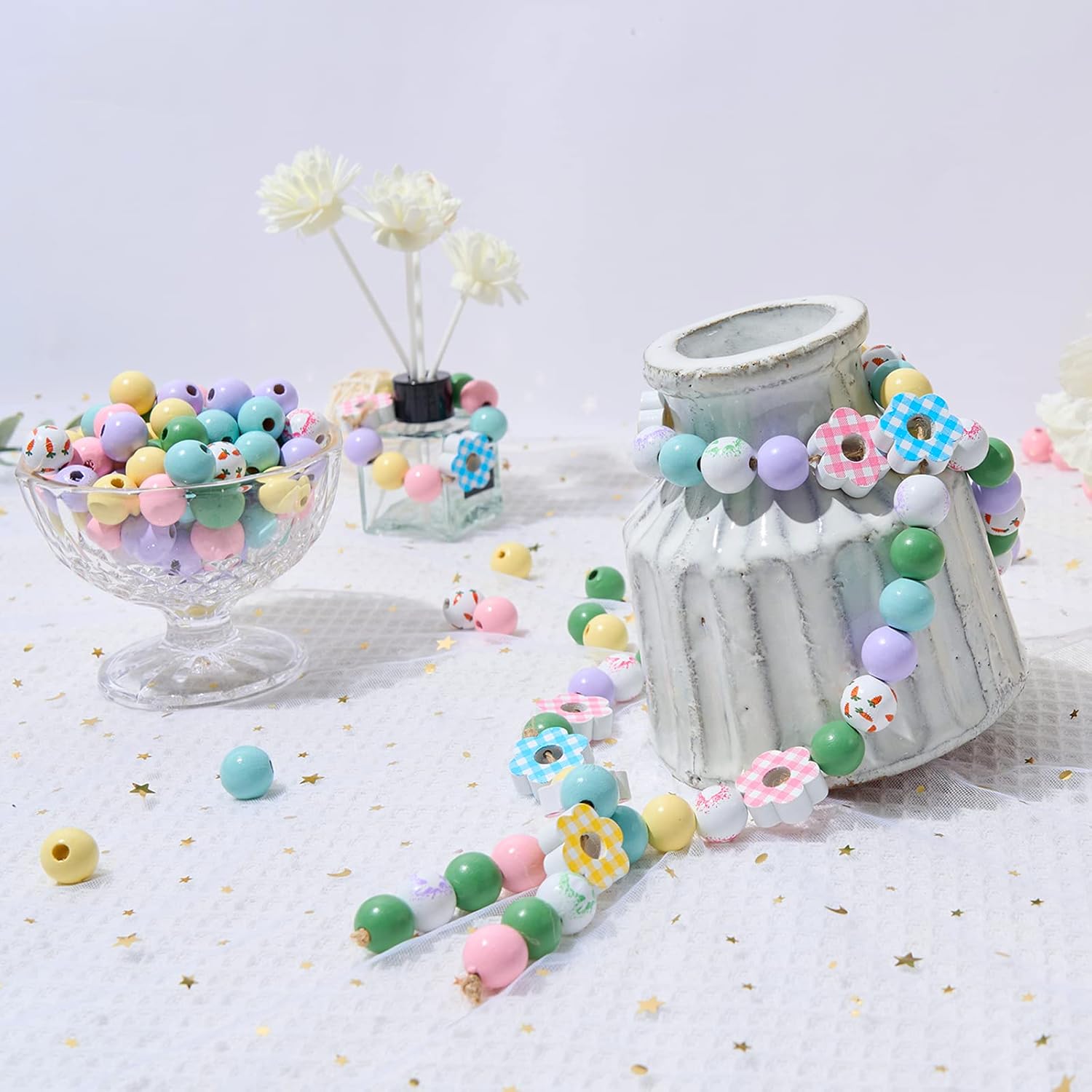 236 Pieces Easter Wood Beads Bunny Rabbit Carrots Flower DIY Craft Wooden Beads Easter Decorations Plaid Buffalo Green Blue Pink Yellow Bubblegum Beads Bulk for Easter Decor Garland Jewelry Making