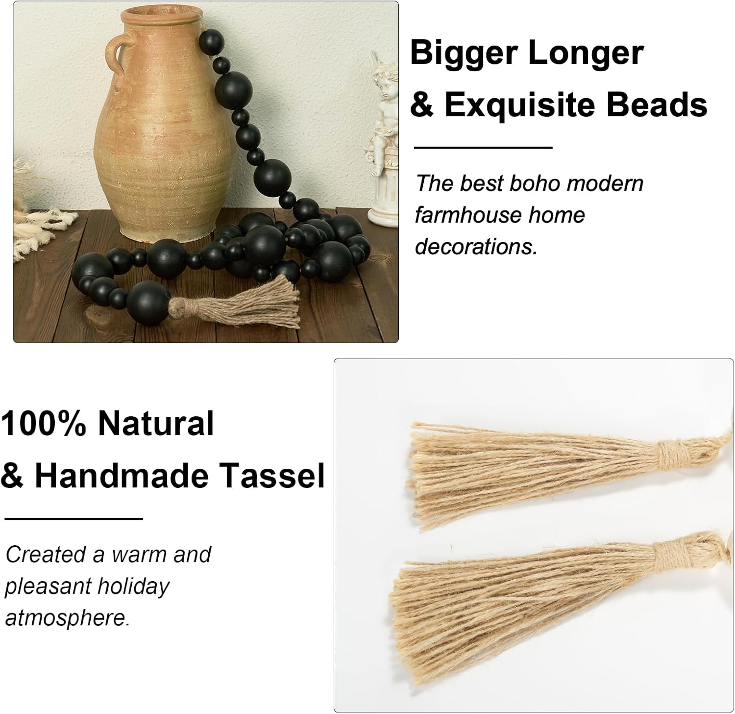 2&#34; Extra Large Wood Bead Garland with Tassels, 75&#34; Long Rustic Farmhouse Wooden Beads Garland, Decorative Beads Boho Decorations for Home Table Mantle Black
