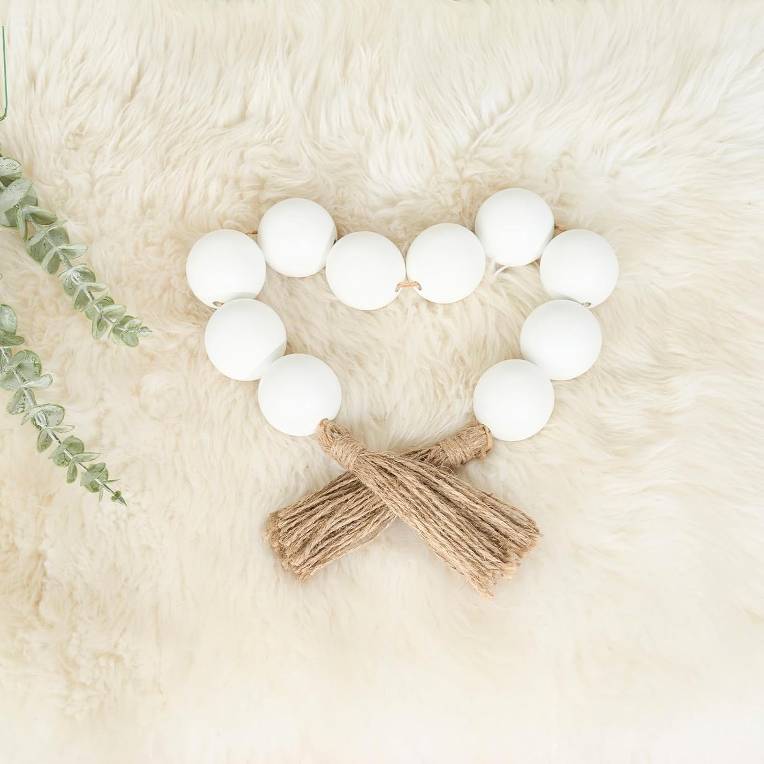 OMISHE Extra Large Wood Bead Garland with 2&#34; Diameter Wooden Beads, 33&#34; Long Rustic Farmhouse Wooden Decorative Beads Boho Decorations for Home Table Mantle, White