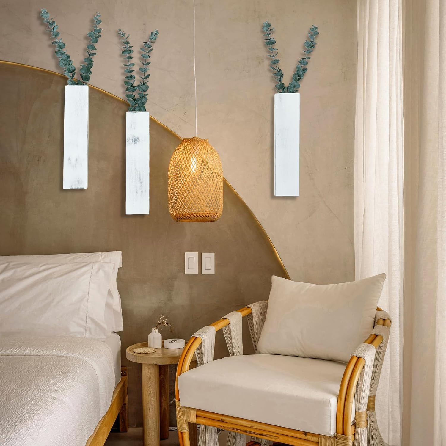 3 Pack Wood Wall Planters with 6 Pcs Artificial Eucalyptus, Plant Wall Decor for Living Room, Bedroom, Bathroom, Office, Wall Hanging Decor Wall Vase with Faux Plants, Rustic White