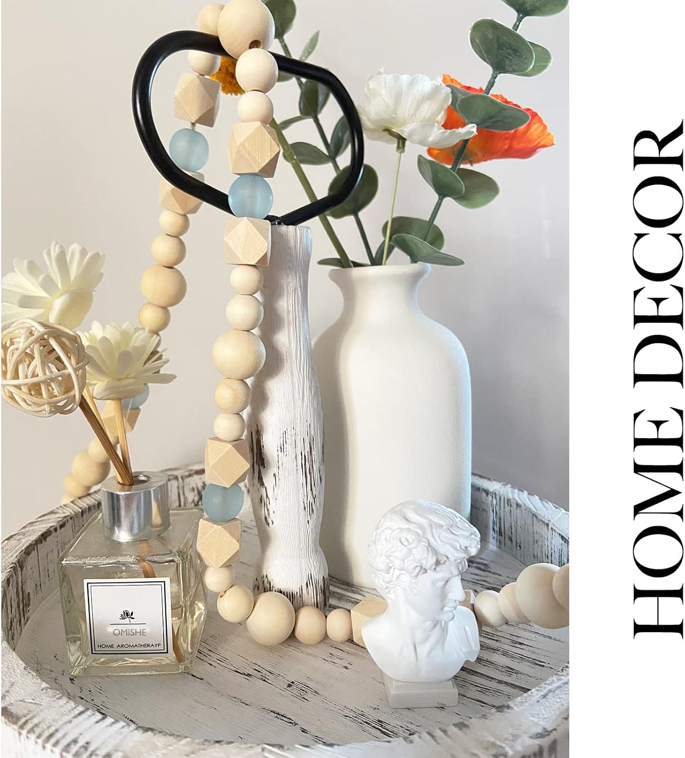 OMISHE Wood Bead Garland with Tassels 52 Inches, Octagonal Handmade Wooden Beads with Blue Acrylic Beads, Boho Wooden Beads Home Decor, Farmhouse Beads Garland for Tiered Tray Decor Beach Decor