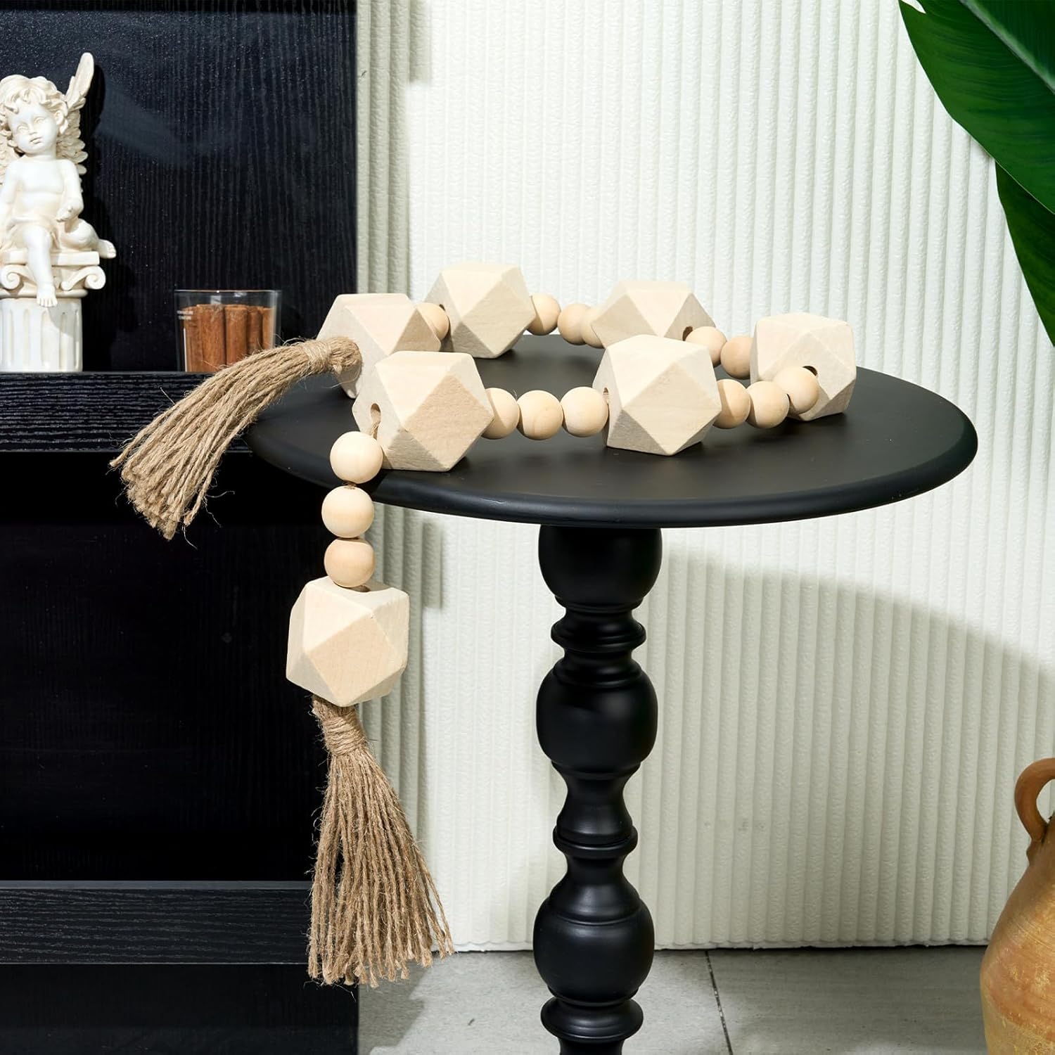 Extra Large Wood Bead Garland with 2&#34; Diameter Wooden Beads, 42&#34; Long Rustic Farmhouse Wooden Beads Garland with Tassels, Decorative Beads Boho Decorations for Home Table Mantle Natural Beige