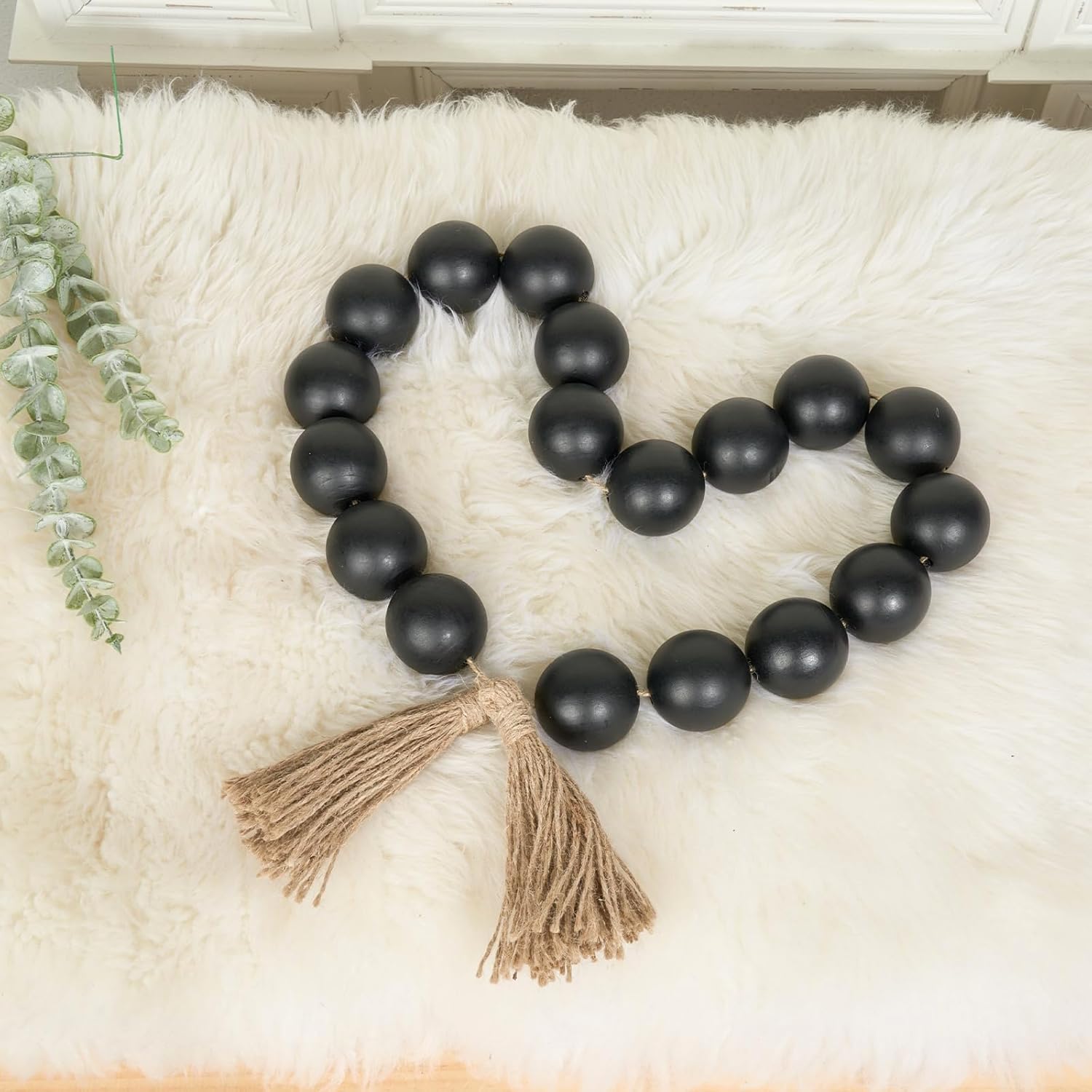OMISHE Extra Large Wood Bead Garland with 2&#34; Diameter Wooden Beads, 49&#34; Long Rustic Farmhouse Wooden Beads Garland with Tassels, Decorative Beads Boho Decorations for Home Table Mantle Black