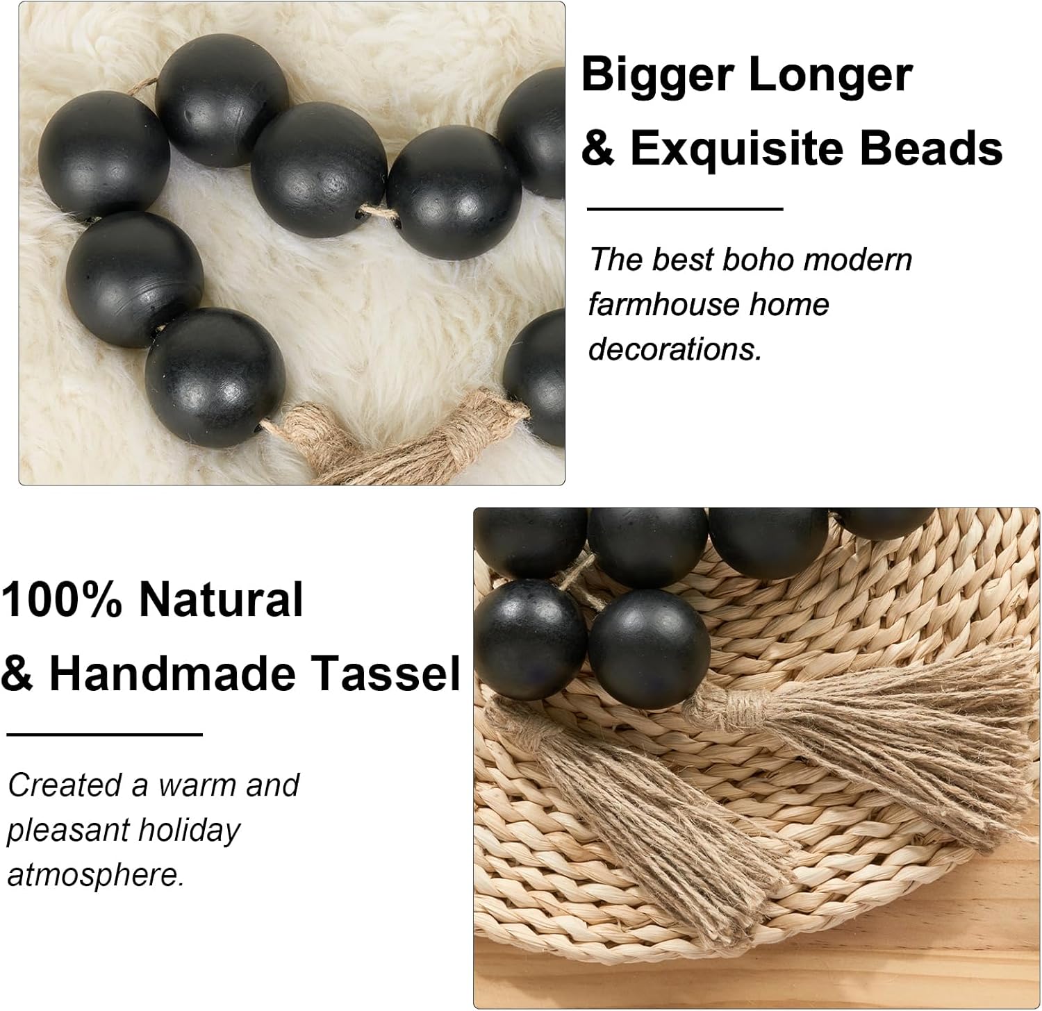 OMISHE Extra Large Wood Bead Garland with 2&#34; Diameter Wooden Beads, 33&#34; Long Rustic Farmhouse Wooden Beads Garland with Tassels, Decorative Beads Boho Decorations for Home Table Mantle Black