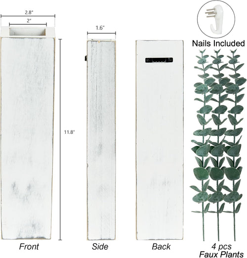 2 Packs Wood Wall Planters with Artificial Plant Eucalyptus, Plant Wall Decor for Living Room, Bedroom, Dining Room, Bathroom, Office, Wall Hanging Decor Wall Vase with Faux Plants, Rustic White