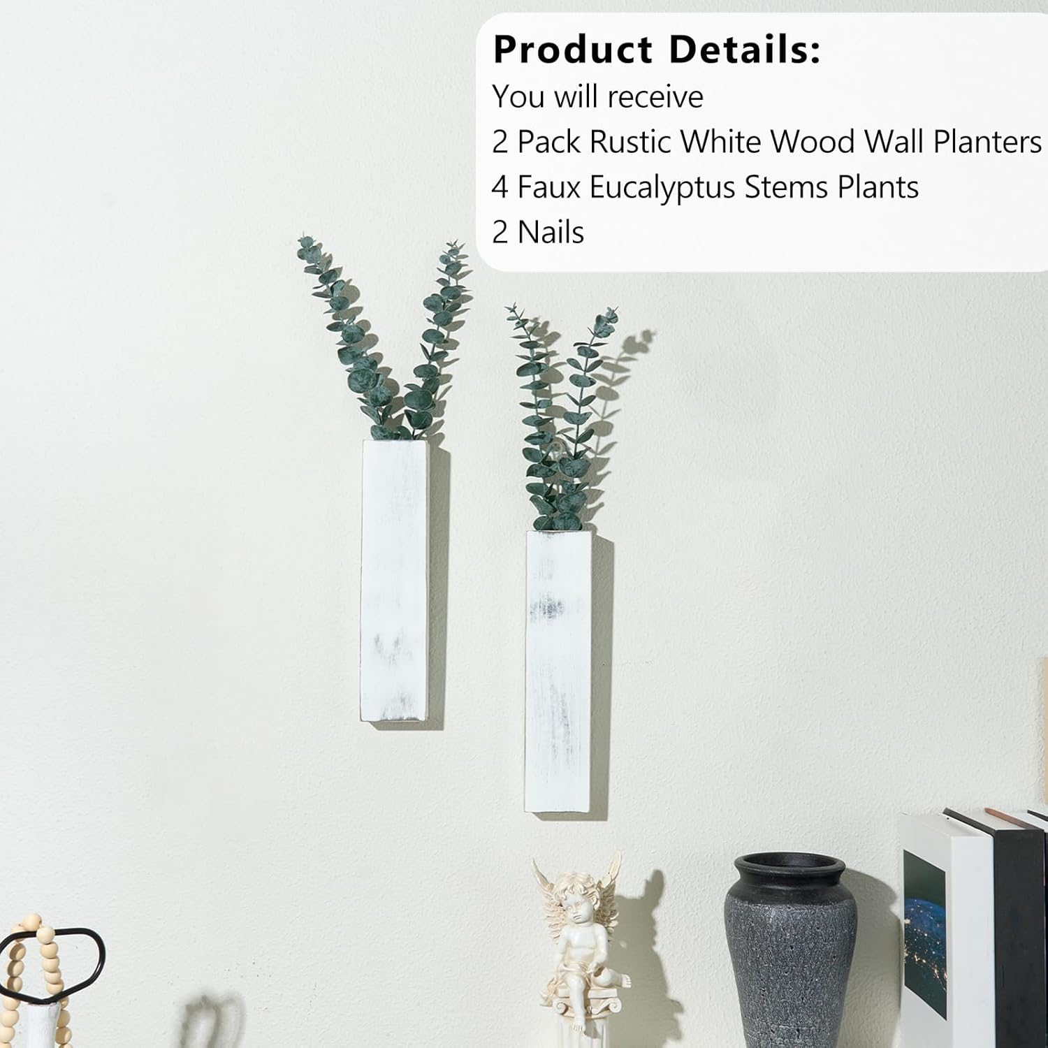 2 Packs Wood Wall Planters with Artificial Plant Eucalyptus, Plant Wall Decor for Living Room, Bedroom, Dining Room, Bathroom, Office, Wall Hanging Decor Wall Vase with Faux Plants, Rustic White