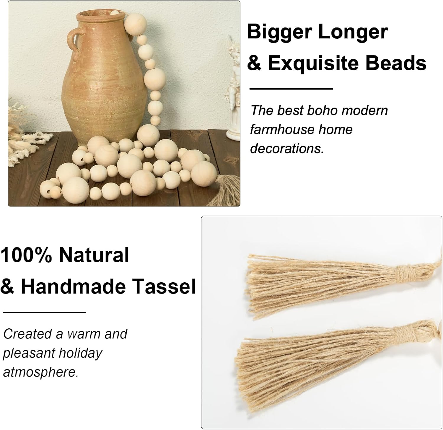 2&#34; Extra Large Wood Bead Garland with Tassels, 75&#34; Long Rustic Farmhouse Wooden Beads Garland, Decorative Beads Boho Decorations for Home Table Mantle Natural Beige