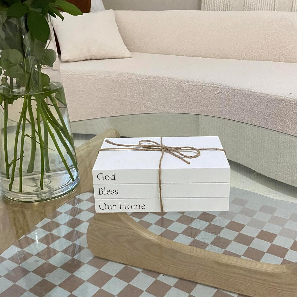 Decorative Books for Home Decor, White Faux Books for Decoration, Rustic Farmhouse Stacked Display Books (God Bless Our Home)