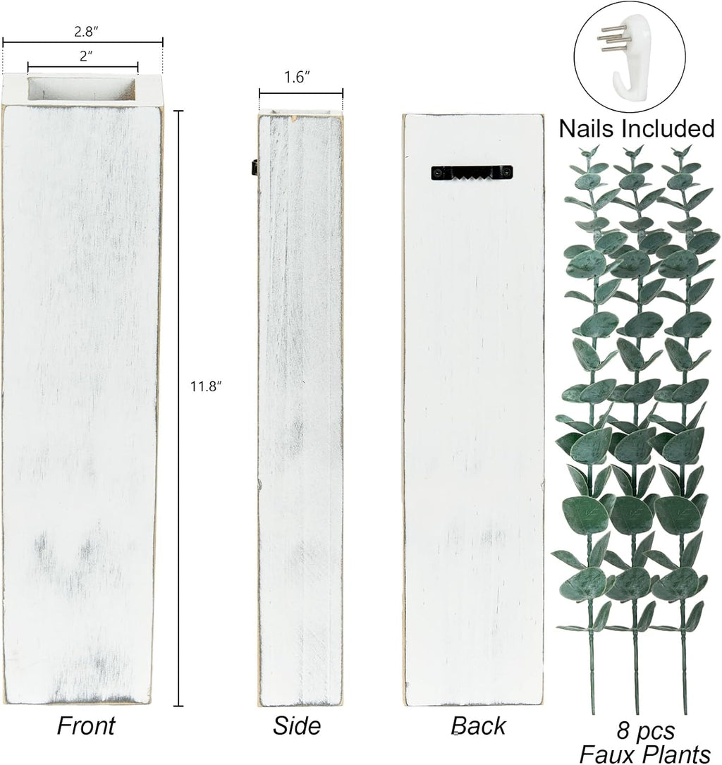 4 Pack Wood Wall Planters with 8 Pcs Artificial Eucalyptus, Plant Wall Decor for Living Room, Bedroom, Bathroom, Office, Wall Hanging Decor Wall Vase with Faux Plants, Rustic White