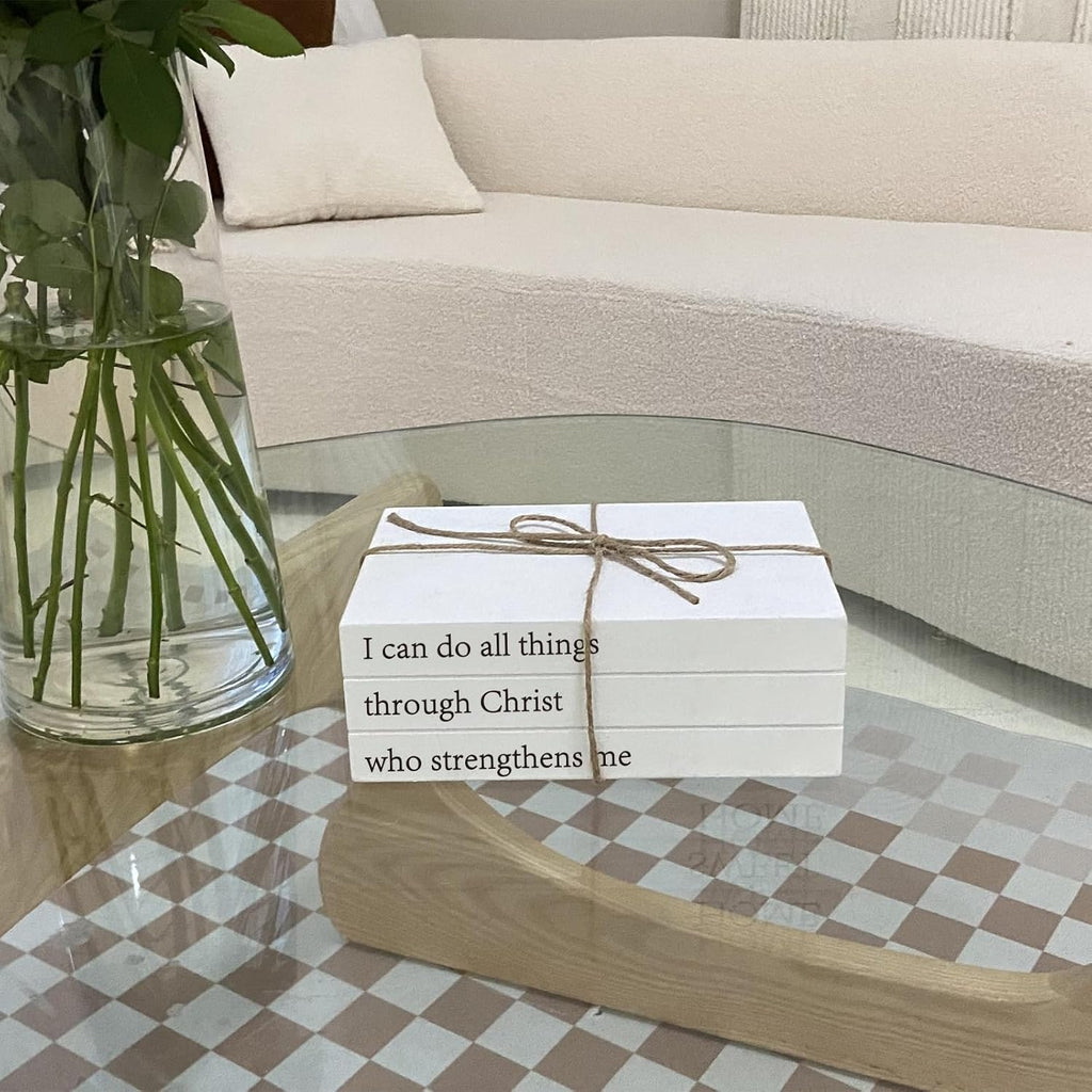 Decorative Books for Home Decor, White Faux Books for Decoration, Rustic Farmhouse Stacked Books with 52in Wood Bead Garland for Coffee Table Mantle Fireplace (I can do All Things Through Christ)