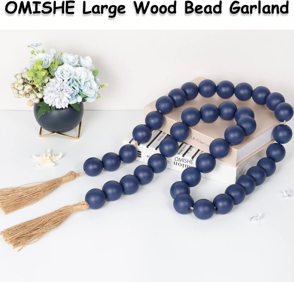 OMISHE 76&#34; Long Extra Large Wood Bead Garland Navy Blue with 1.6&#34; Diameter Wooden Beads and Tassels, Rustic Farmhouse Country Decorative Beads for Home Decor Tiered Tray Decor, Navy Blue