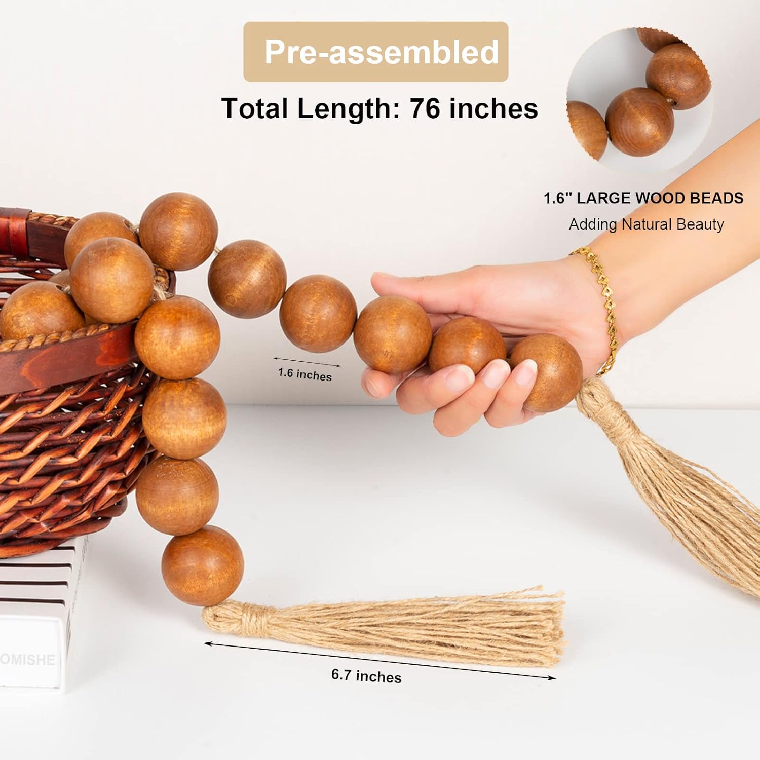 OMISHE 76&#34; Long Extra Large Wood Bead Garland with 1.6&#34; Diameter Wooden Beads and Tassels, Rustic Farmhouse Country Decorative Beads for Home Tiered Tray Decor, Brown
