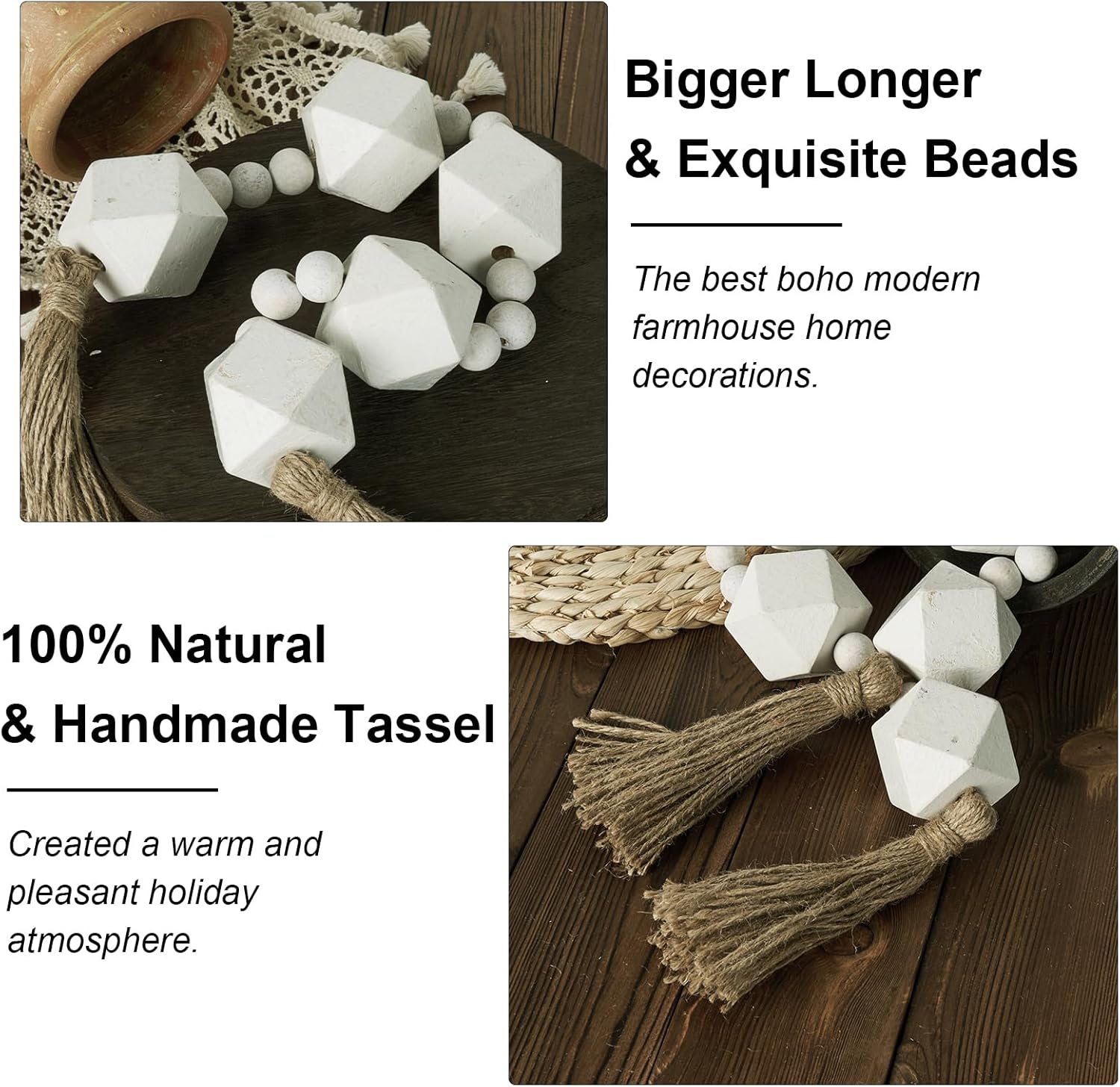 2&#34; Octagonal Extra Large Wood Bead Garland with Tassels, 28&#34; Long Rustic Farmhouse Wooden Beads Garland, Decorative Beads Boho Decorations for Home Table Mantle White