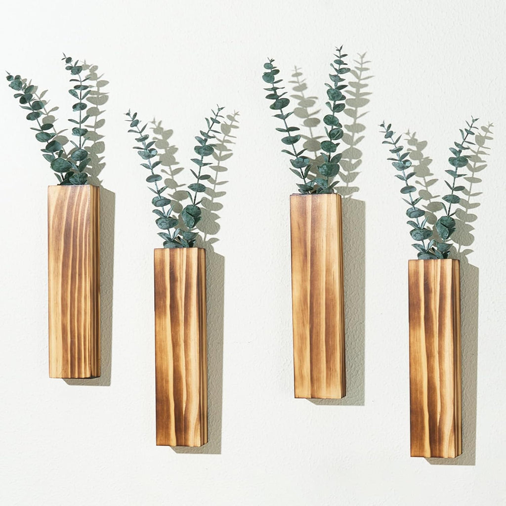 4 Packs Wall Planters for Indoor Plants, Wood Wall Planter Vase Wall Decor for Living Room, Bathroom, Home, Office, for Dried Flowers and Fake Greenery Plants Greenery Wall Decoration, Brown
