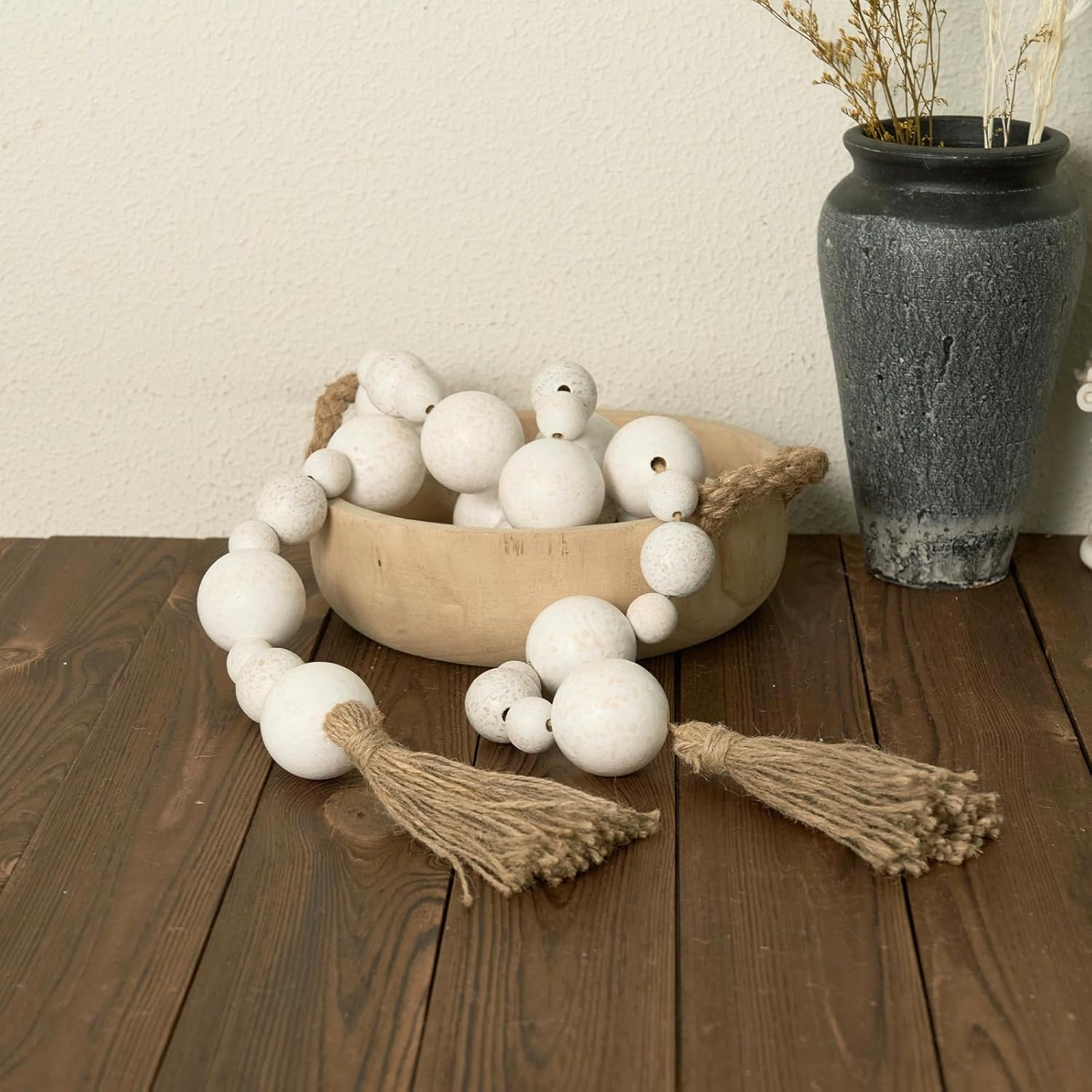 2&#34; Extra Large Wood Bead Garland with Tassels, 75&#34; Long Rustic Farmhouse Wooden Beads Garland, Decorative Beads Boho Decorations for Home Table Mantle White