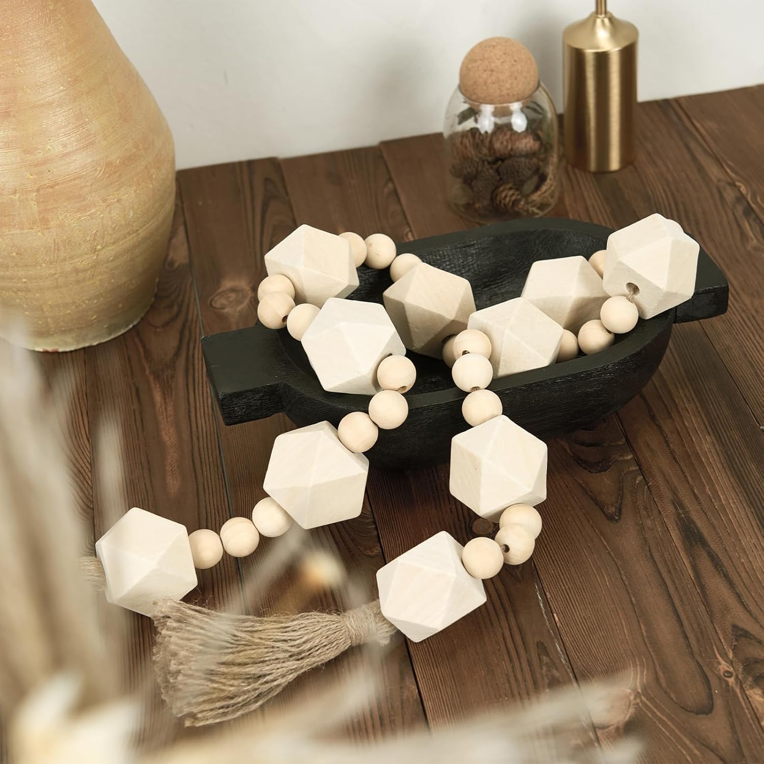 2&#34; Octagonal Extra Large Wood Bead Garland with Tassels, 55&#34; Long Rustic Farmhouse Wooden Beads Garland, Decorative Beads Boho Decorations for Home Table Mantle Natural Beige