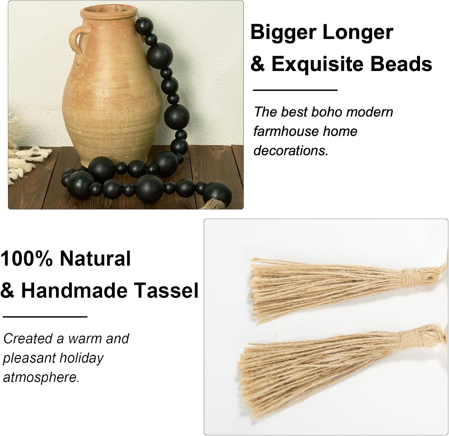 2&#34; Extra Large Wood Bead Garland with Tassels, 50&#34; Long Rustic Farmhouse Wooden Beads Garland, Decorative Beads Boho Decorations for Home Table Mantle Black
